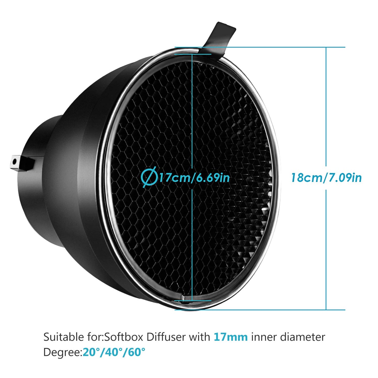 NEEWER Reflector Estándar 7 Pulgadas/18 Centímetros Difusor Suave con Rejilla en Forma Panal 20/40/60 Grados para Luz Estroboscópica Flash de Estudio de Bowens Montura Monoluz