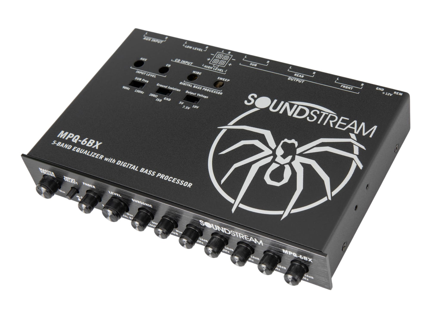 Soundstream MPQ-6BX 1/2 DIN 5 bandas ecualizador de audio para coche con reconstrucción de graves digitales – salida RMS de 7 V, filtro subsónico, ajuste de ecualizador de ± 18 dB, preamplificador de