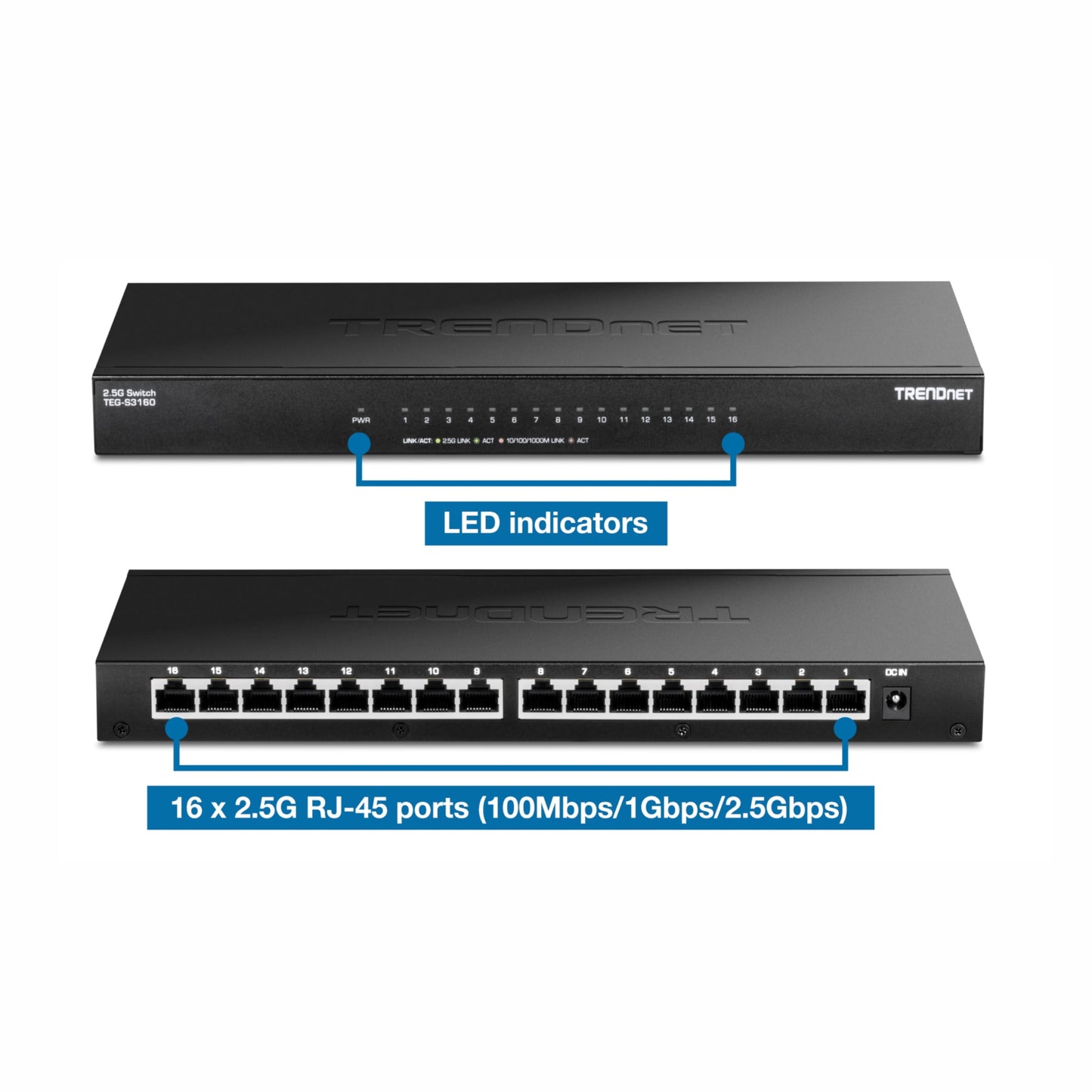 TRENDnet Switch No Gestionado de Escritorio TEG-S3160, 16 Puertos RJ-45 2.5G, Capacidad 80Gbps, Cumple NDAA/TAA