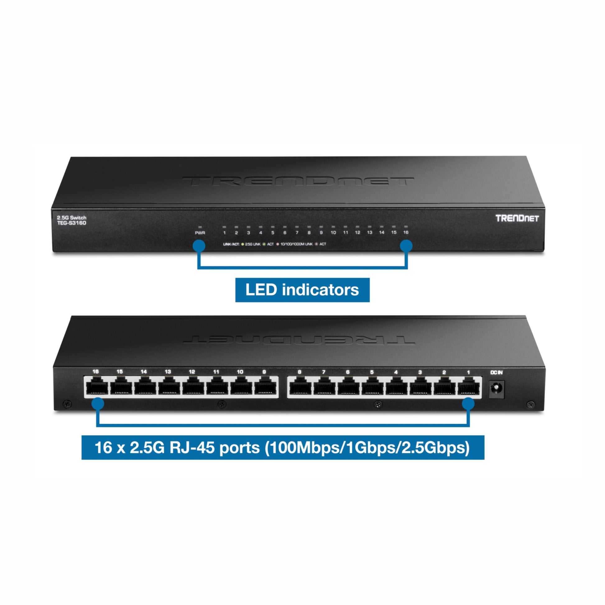 TRENDnet Switch No Gestionado de Escritorio TEG-S3160, 16 Puertos RJ-45 2.5G, Capacidad 80Gbps, Cumple NDAA/TAA