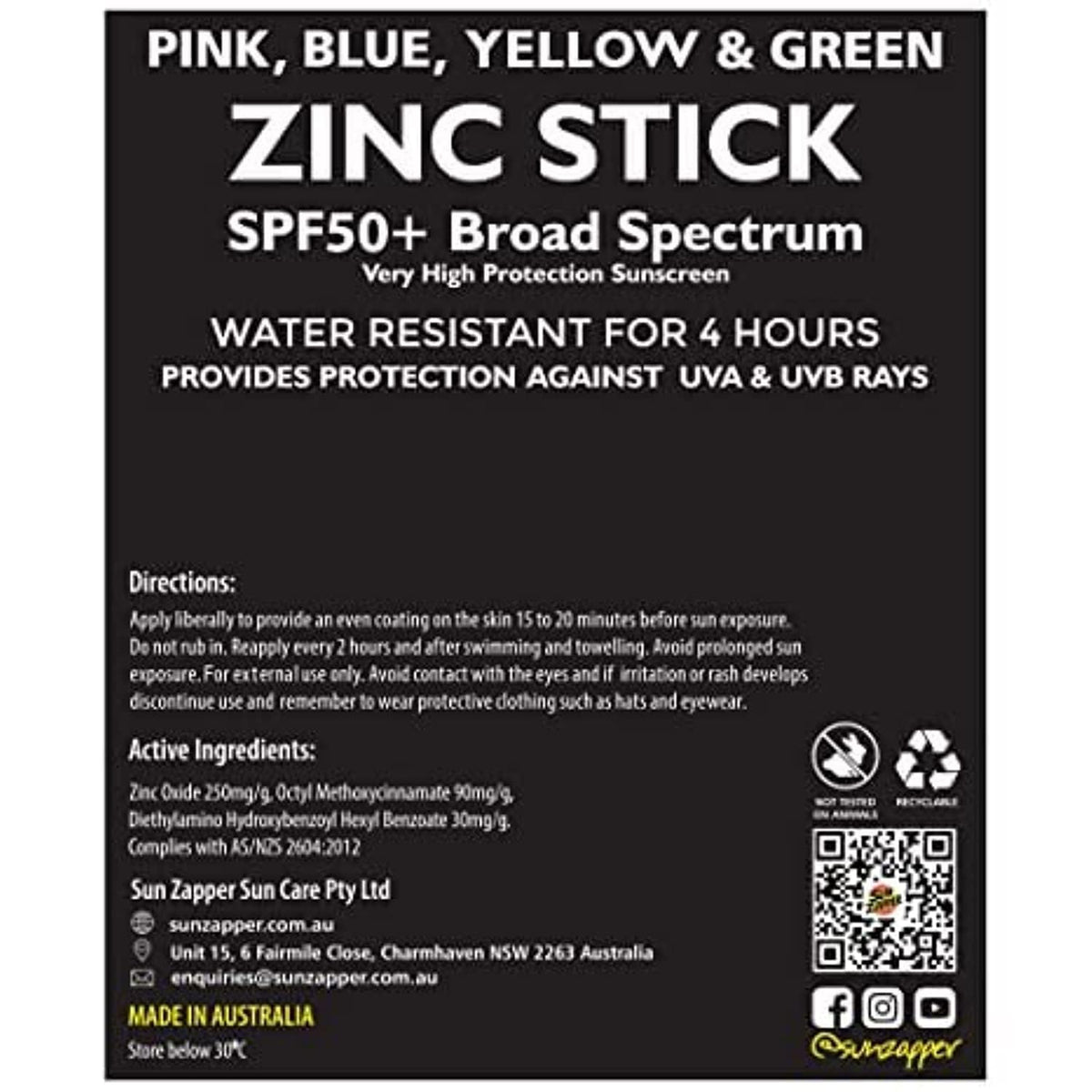 Fotoprotector Mineral en Barra Sun Zapper Arcoiris SPF 50+ Rosa Azul Amarillo Verde Paquete de 4