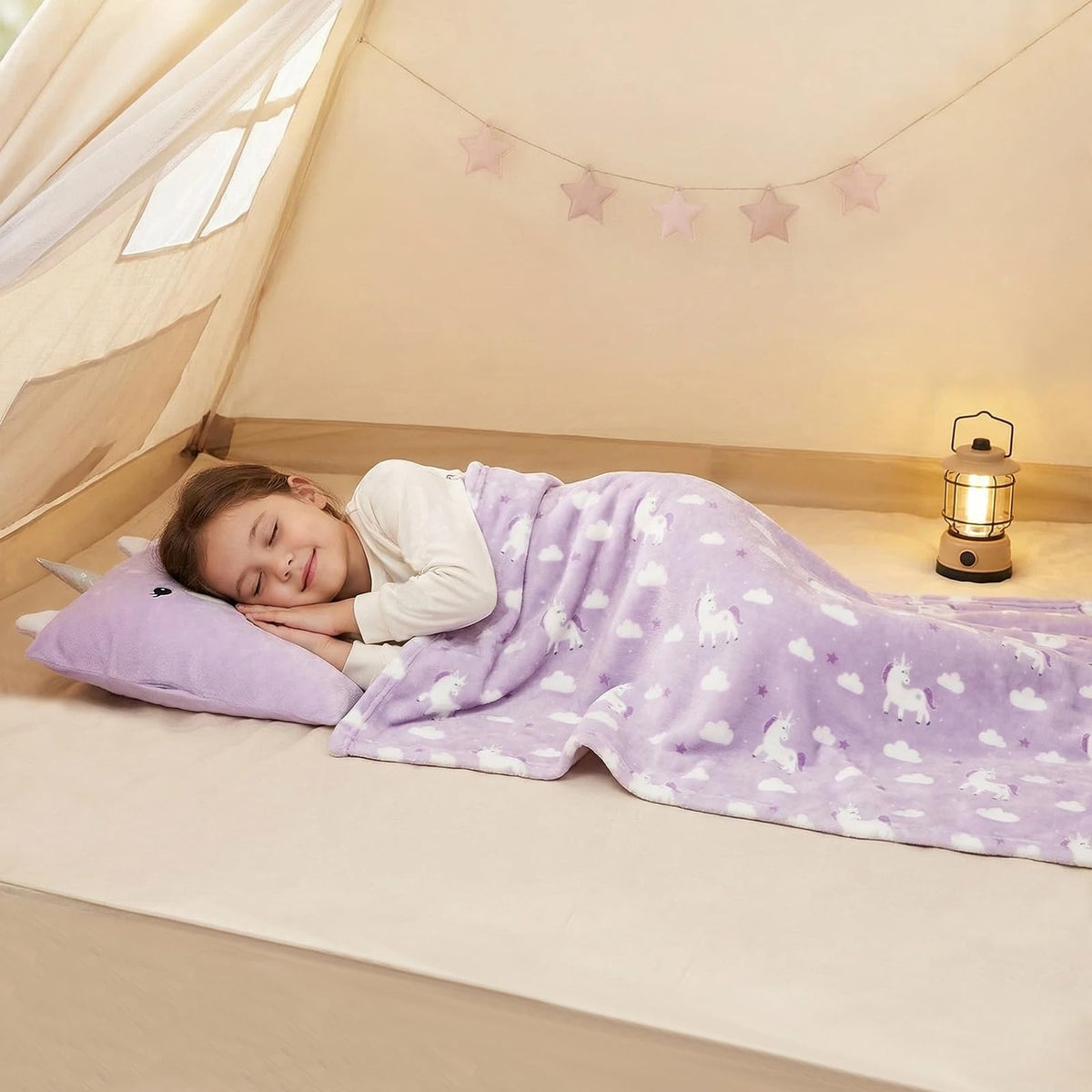 VigorSpring - Juego de almohada y manta de viaje para niños, diseño de unicornio