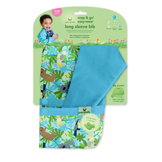 Babero de Manga Larga green sprouts Aqua Sloth Jungle con Bolsillo Volteado y Material Suave, Resistente al Agua de 2T a 4T