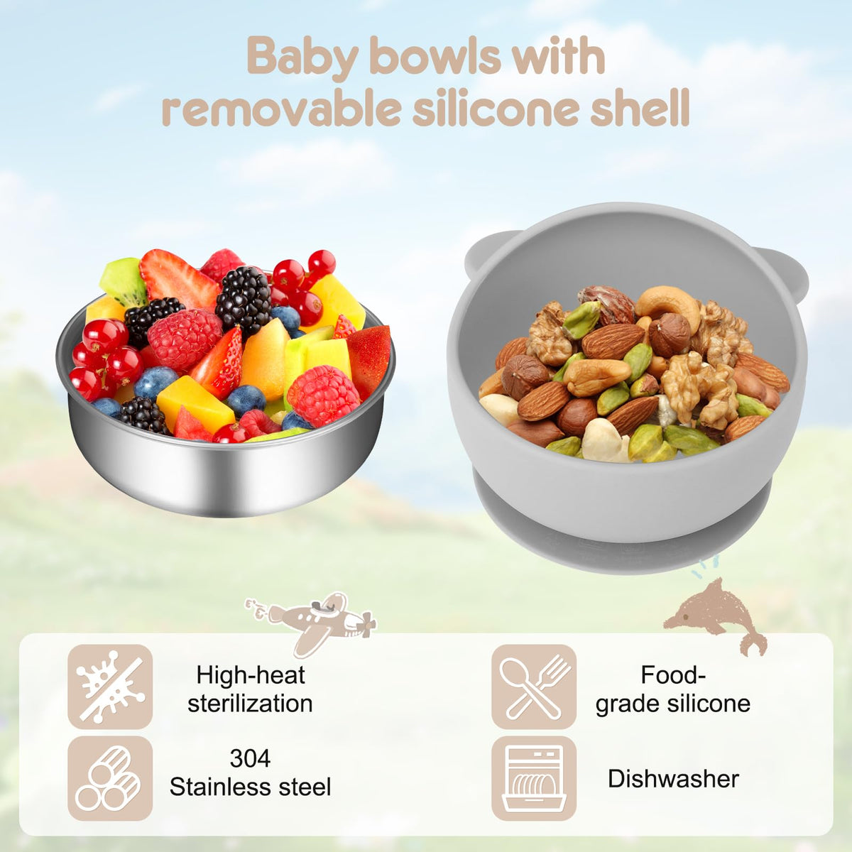 Wesketch - Juego de 4 cuencos de acero inoxidable con succión, cuencos para niños pequeños con carcasa de silicona extraíble para niños, juego de alimentación antideslizante para bebés, apto para