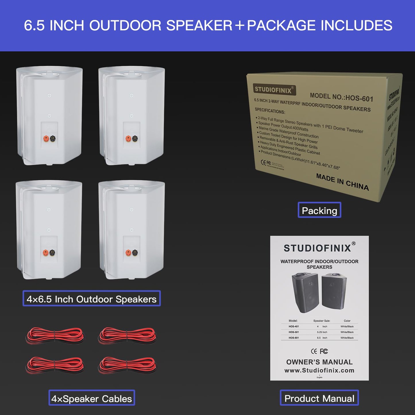 STUDIOFINIX Altavoces pasivos de Exterior de 6,5 Pulgadas con 800 vatios y Graves potentes, Altavoces de Pared Resistentes al Agua para Patio y jardín (2 Pares, Blanco)