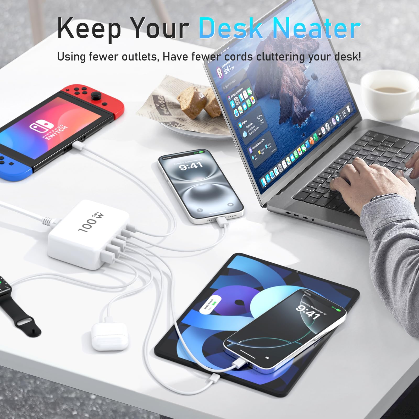 GaN - Cargador rápido USB C de 100 W con bloque compacto de 6 puertos GaN estación de carga HUB Brick portátil de pared PD cargador adaptador de corriente para iPhone 16 15 14 13 12 Pro Max iPad Pro
