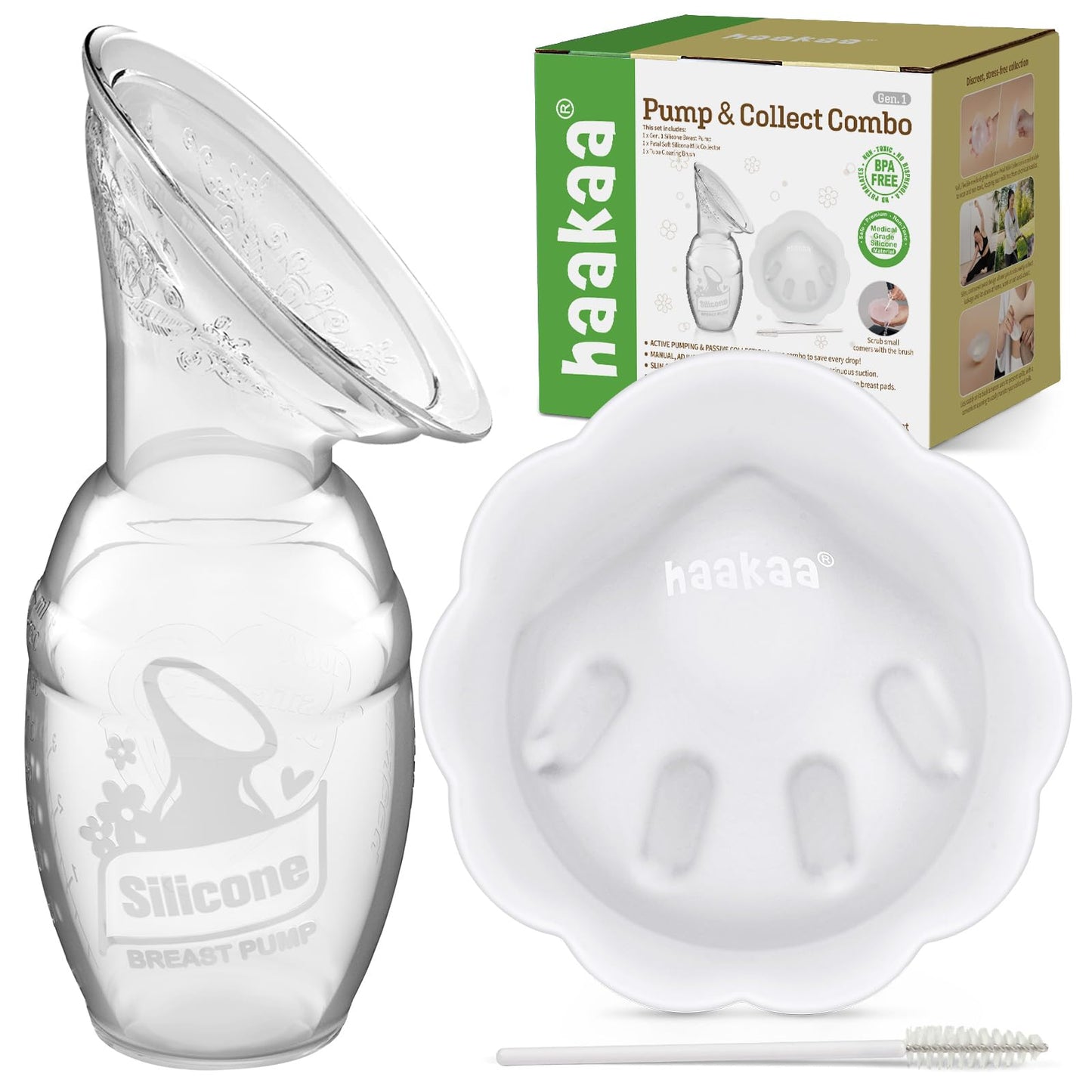 haakaa - Extractor de leche manual para lactancia materna de 4 onzas/100 ml y colector de leche de pétalos combinada de silicona de grado alimenticio, colector de leche materna para fugas de leche con