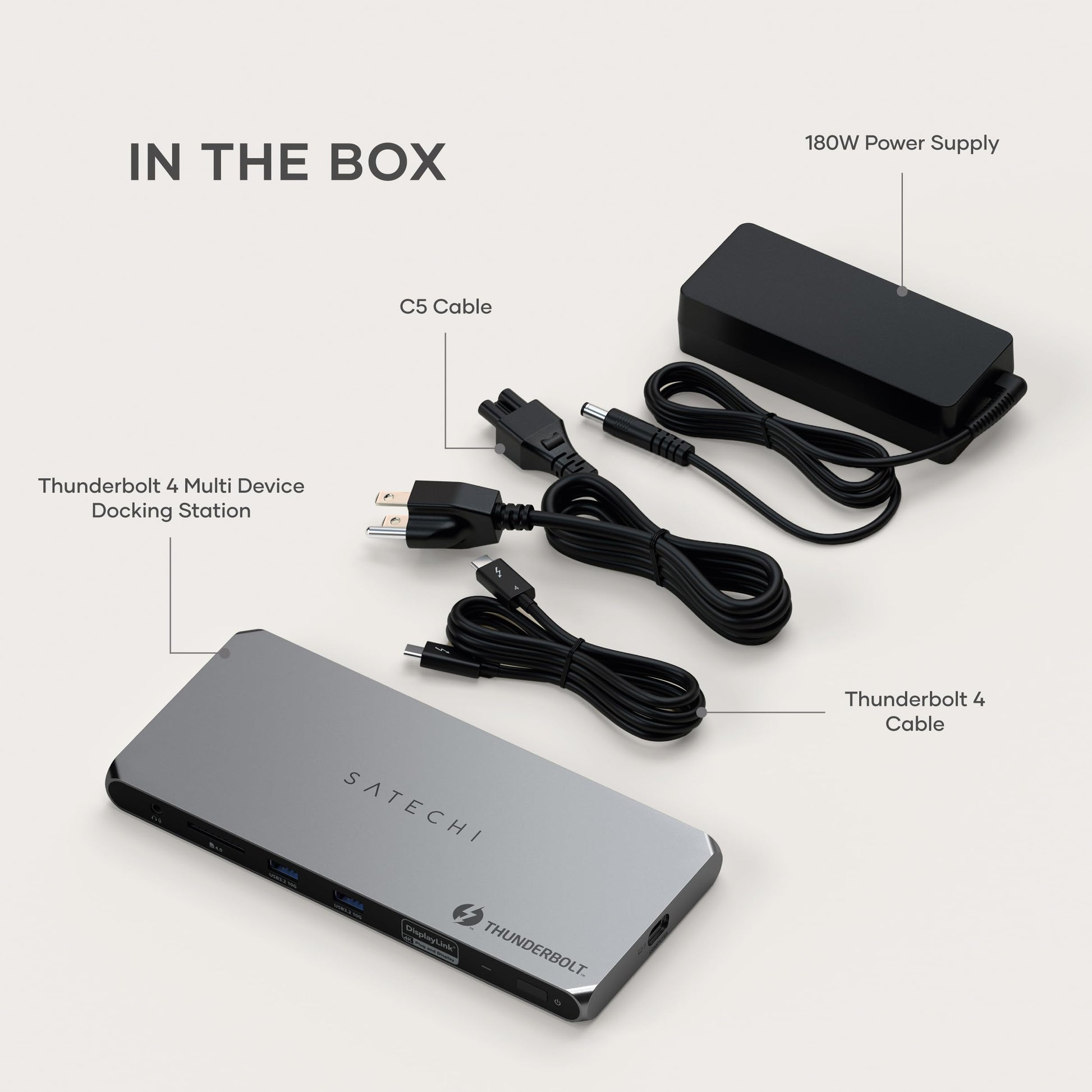 SATECHI Dock Thunderbolt 4 con Carga100 W, HDMI Dual 4K/60 Hz, Datos 40 Gbps, 2 Puertos USB-A 3.2, Ethernet, Compatible con MacBook Air/Pro M4, Mac/Windows. Requiere Software DisplayLink.