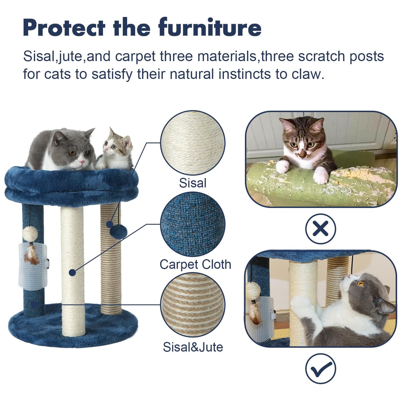 Árbol Rascador MECOOL Azul con Cama Suave y Juguetes para Gatos y Gatitos de Interior