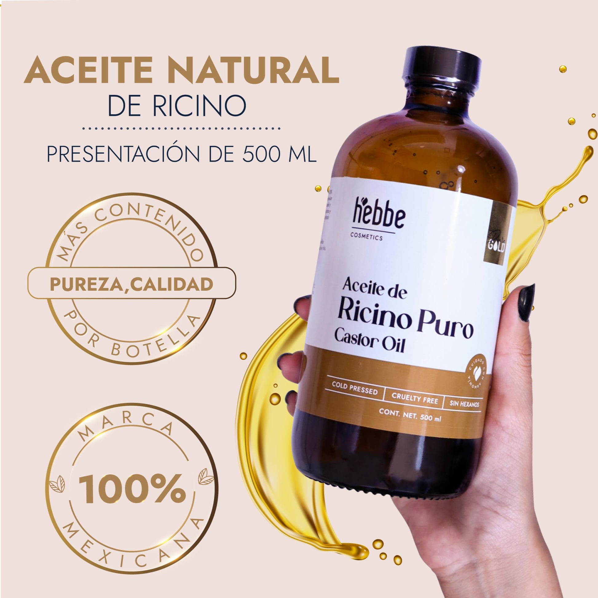 Hebbe | Aceite de Ricino Puro | Nutre e Hidrata | Aceite de Ricino para cabello, pestañas, barba, uñas y cejas | 500 ml