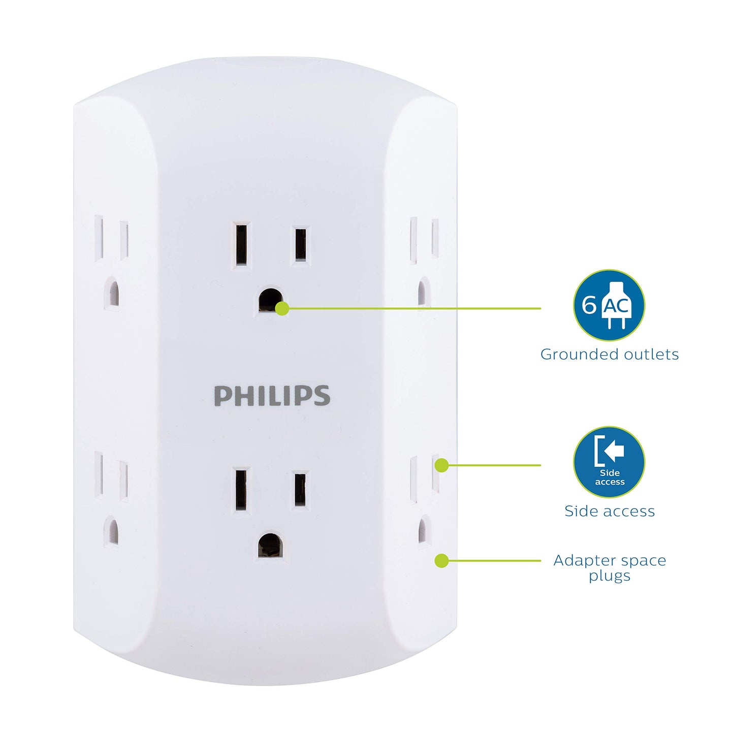 PHILIPS, Multicontacto De Pared De 6 Salidas con Accesos Laterales con Conexión A Tierra, Perfecto para Cargar Teléfonos Móviles, Blanco, 1 Unidad, SPS1460WA/37