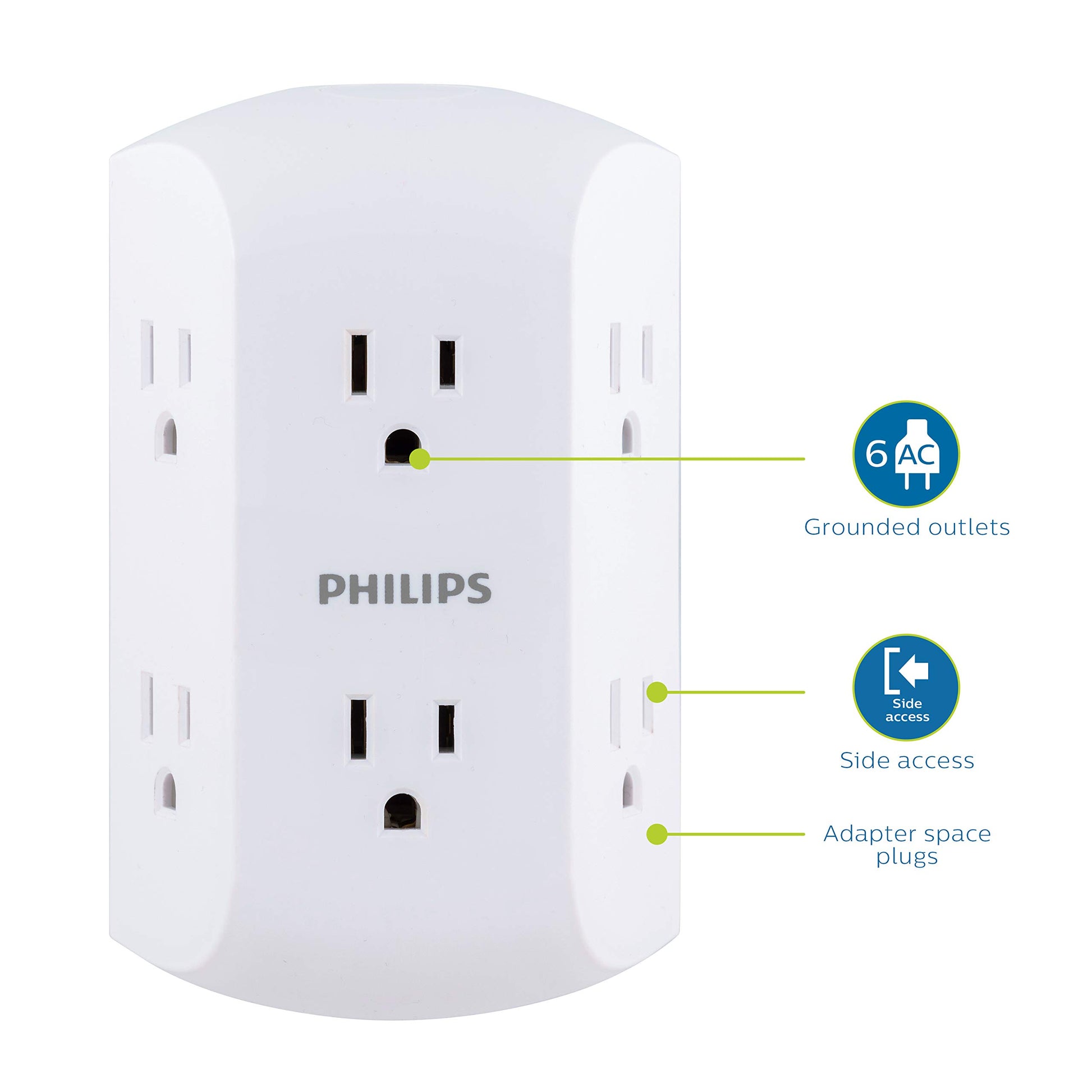 PHILIPS, Multicontacto De Pared De 6 Salidas con Accesos Laterales con Conexión A Tierra, Perfecto para Cargar Teléfonos Móviles, Blanco, 1 Unidad, SPS1460WA/37