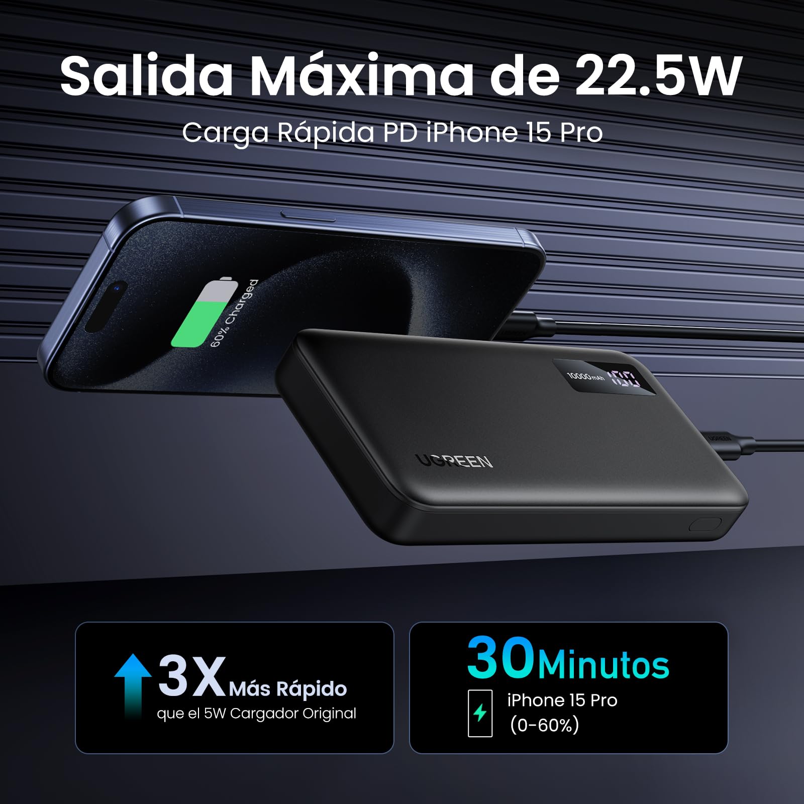 Power Bank UGREEN Negro 10000mAh 22.5W Carga Rápida USB A y C Pantalla Digital Compatible con iPhone, Xiaomi, Galaxy, iPad