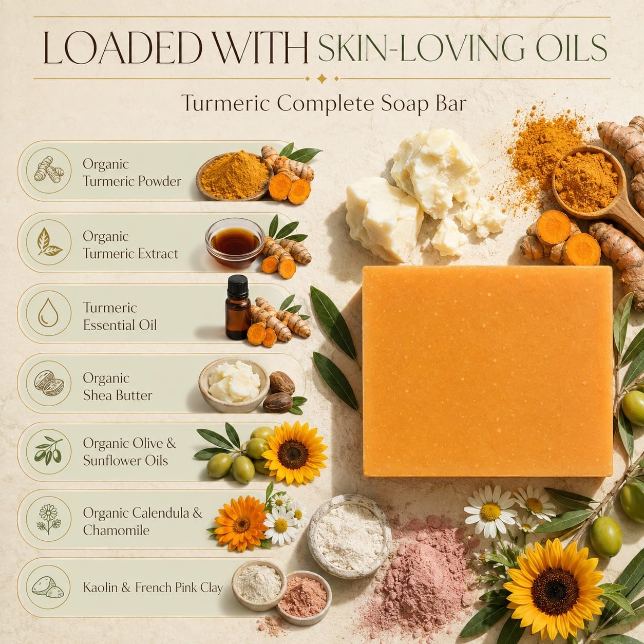 Organic Turmeric Soap - 100% Natural and Organic - Loaded with Organic Turmeric. Gentle Soap. 4.5oz Bar.