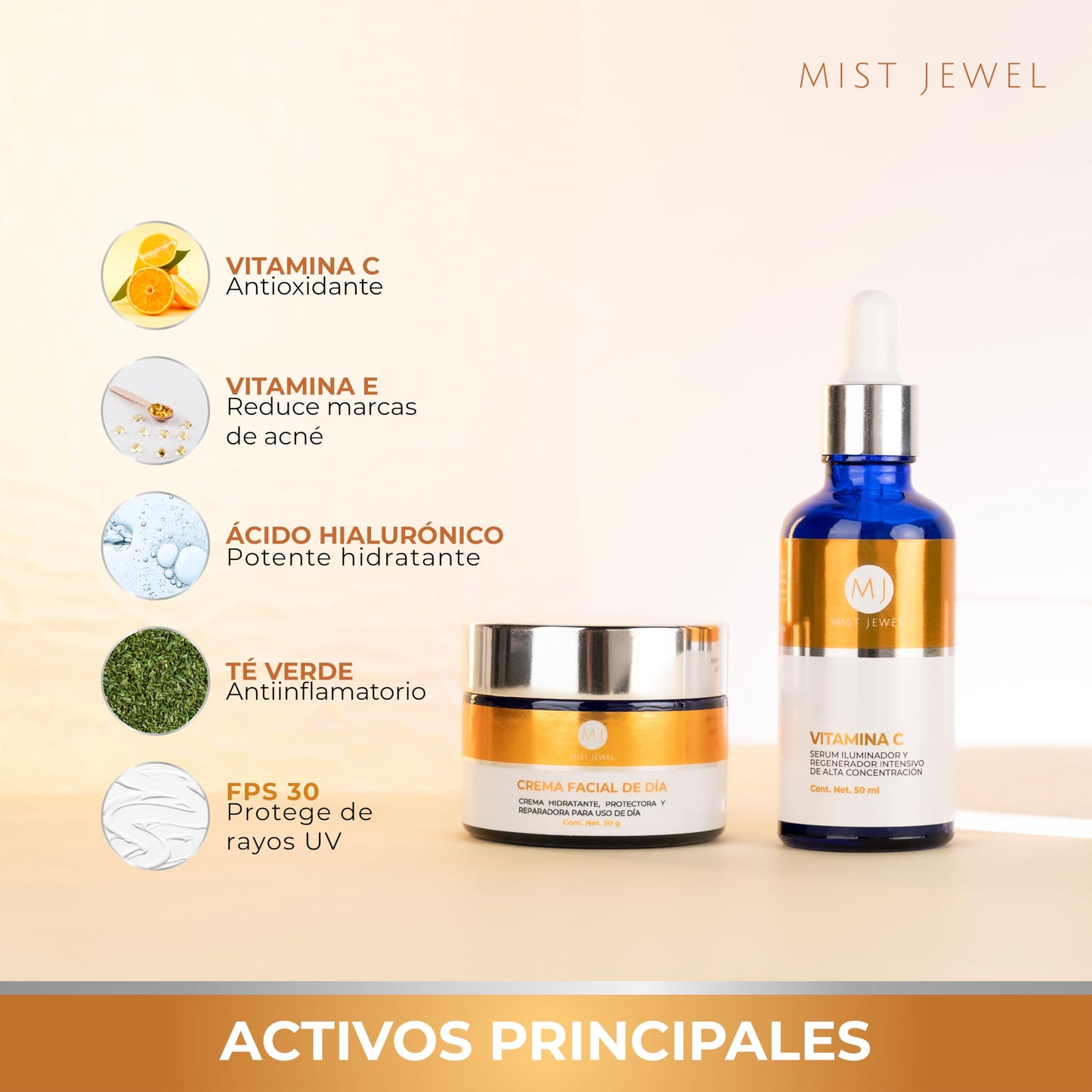 MIST JEWEL |Paquete Facial con serum Vitamina C + E + Ácido hialurónico y Crema de Día fotoprotectora FPS 30 Ácido Ferúlico y Vit C 50g | Skincare facial de máxima proteccion e hidratación para el día