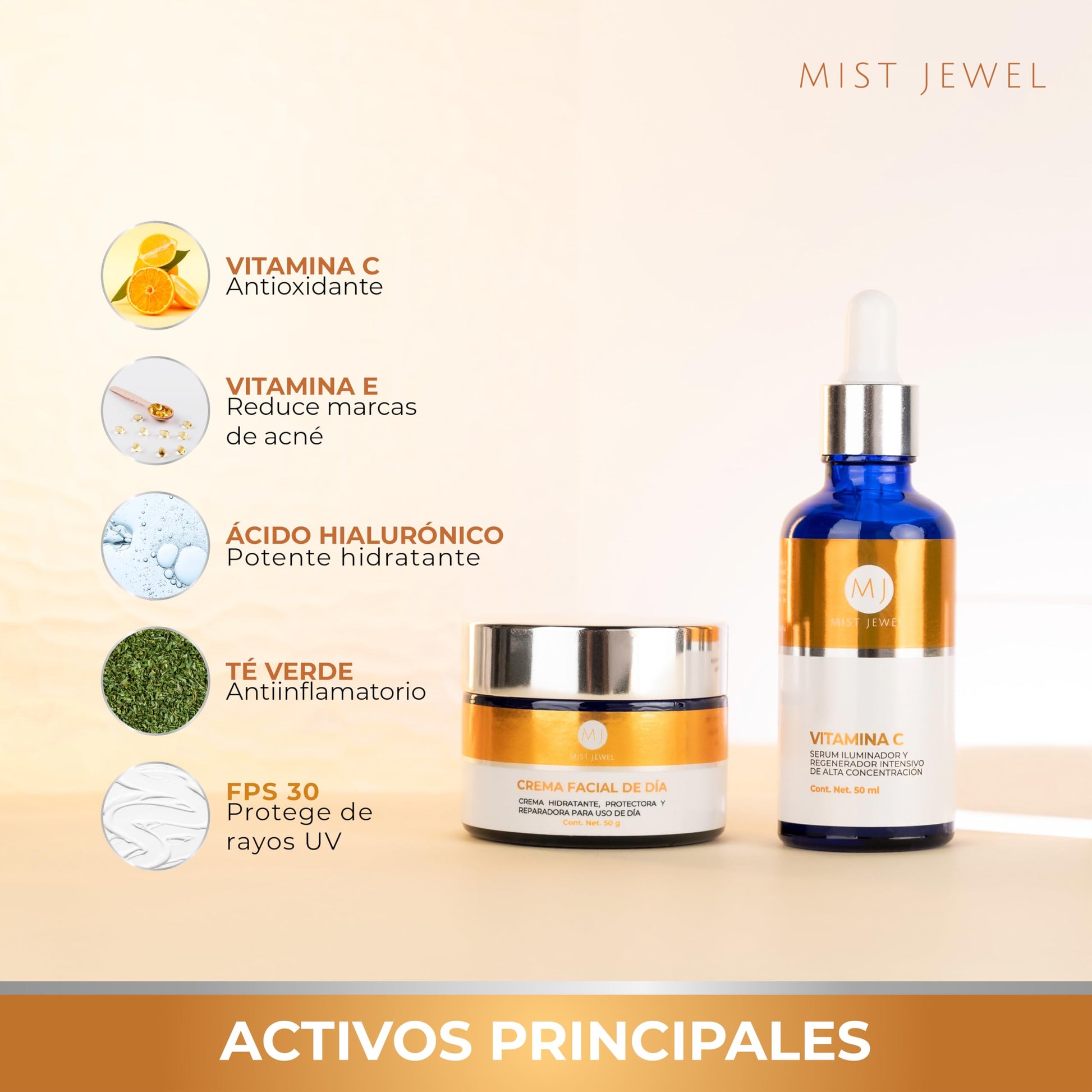 MIST JEWEL |Paquete Facial con serum Vitamina C + E + Ácido hialurónico y Crema de Día fotoprotectora FPS 30 Ácido Ferúlico y Vit C 50g | Skincare facial de máxima proteccion e hidratación para el día