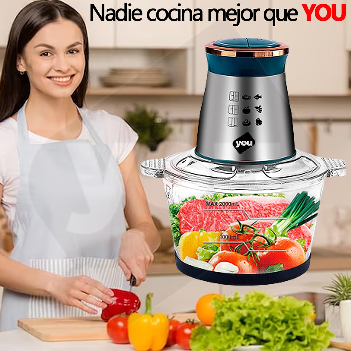 Procesador de Alimentos You 2 Litros 4 Cuchillas y 2 Velocidades para Carne y Verduras