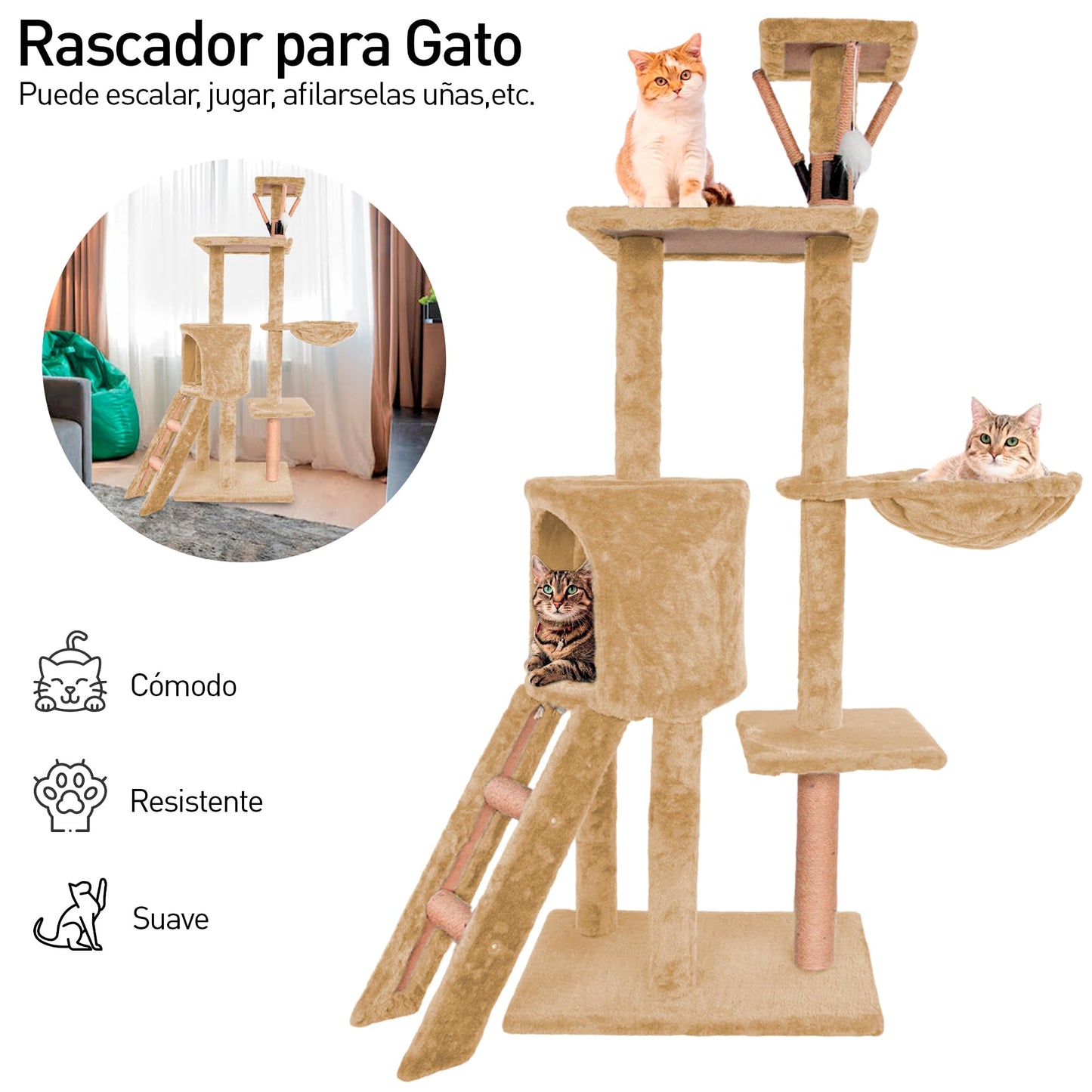 Bluelander Torre para Gatos de 1.3 M de Altura, Arbol para Gatos de Múltiples Niveles, Rascador para Gatos, Escaleras, Repisas, Cueva y Hamaca, Superficies Sólidas y Afelpadas, Cuerda de Yute (Café)