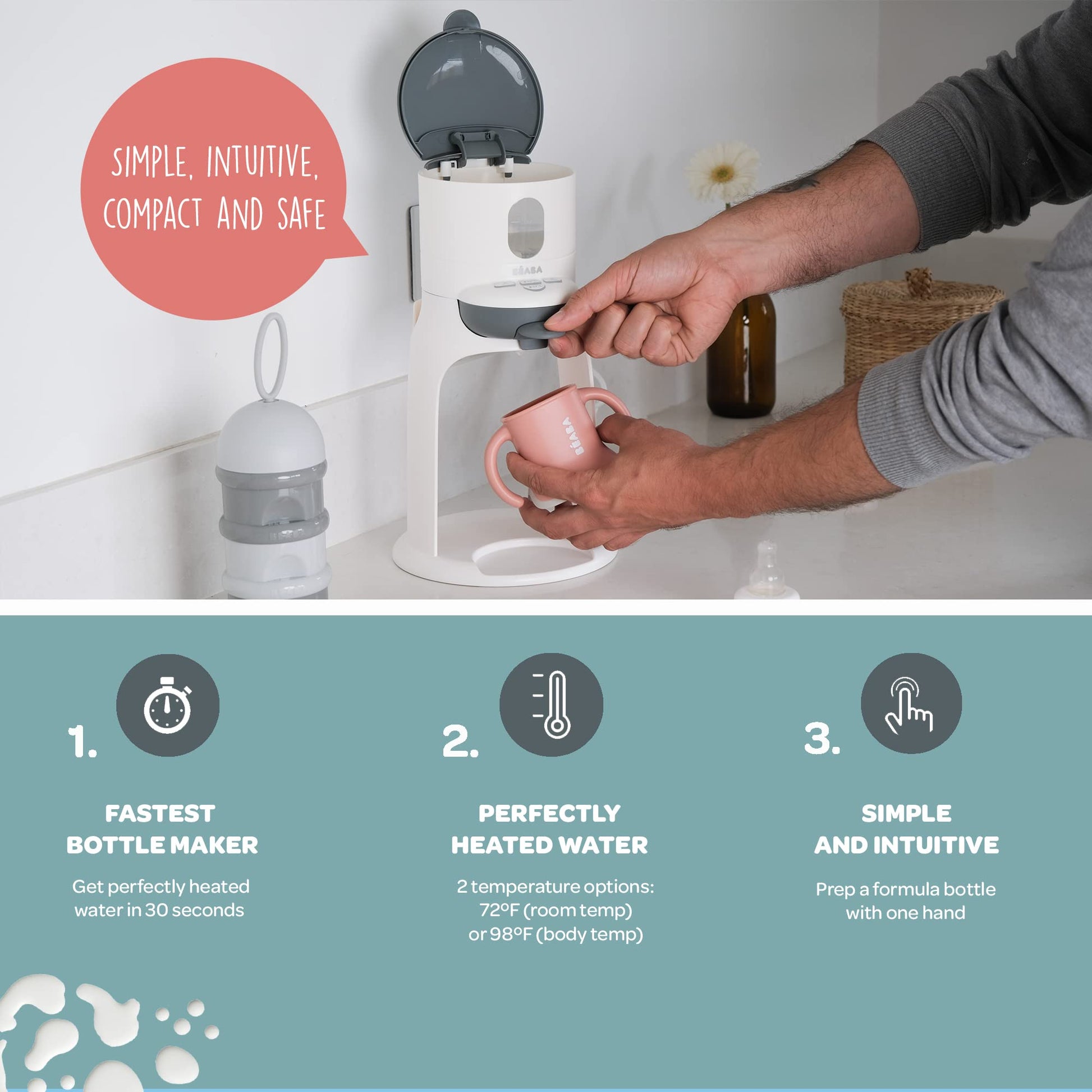 BEABA Bib'Expresso Calentador de agua rápido, Prepara biberón para fórmula en 30 segundos, Dispensador de agua de calentamiento rápido para biberón, biberón y calentador de alimentos para bebés, Calentador de leche de fórmula, Calentador de biberones, Nub
