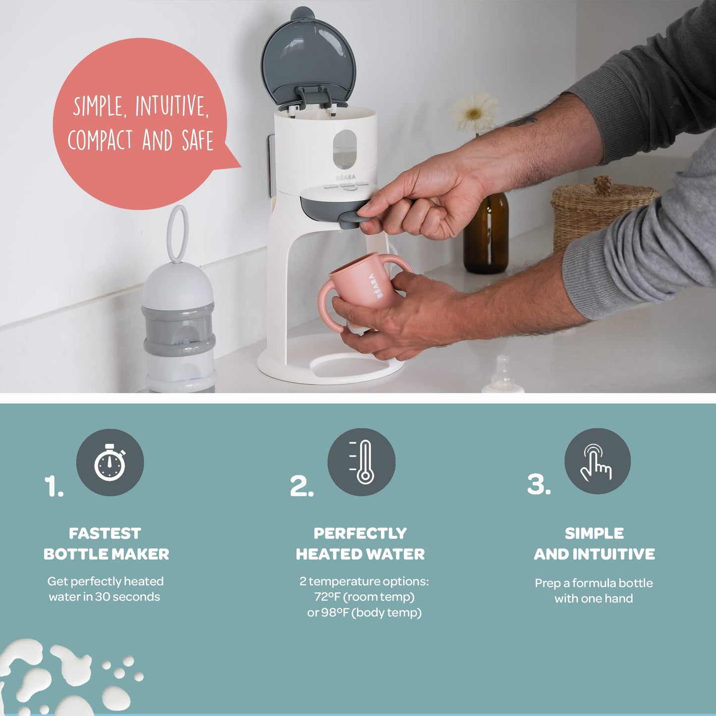 BEABA Bib'Expresso Calentador de agua rápido, Prepara biberón para fórmula en 30 segundos, Dispensador de agua de calentamiento rápido para biberón, Calentador de biberón y comida para bebés, Calentador de leche de fórmula, Calentador de biberones, Midnig