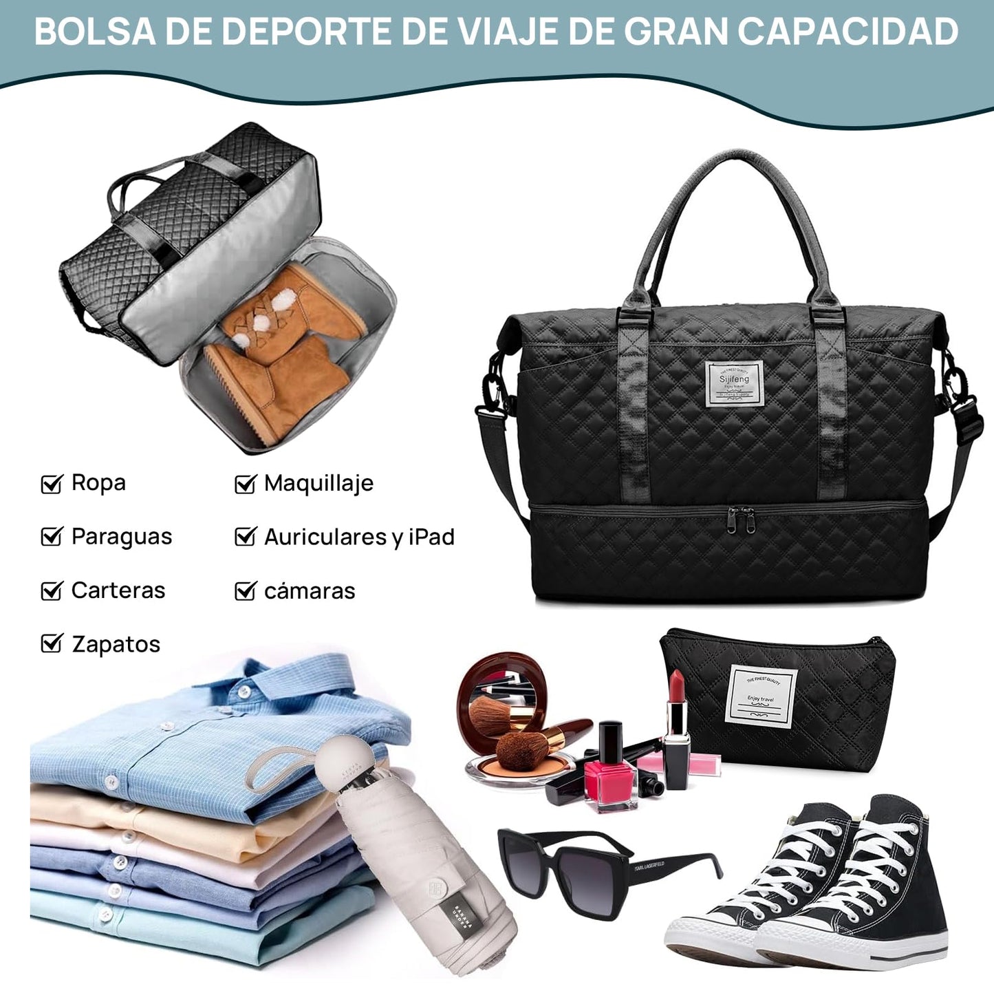Bolsa de Deporte, Bolsa de Viaje Con Compartimento Para Zapatos y Neceser, Compartimentos Húmedo y Seco, Gran Capacidad, Resistente al Agua (negro)