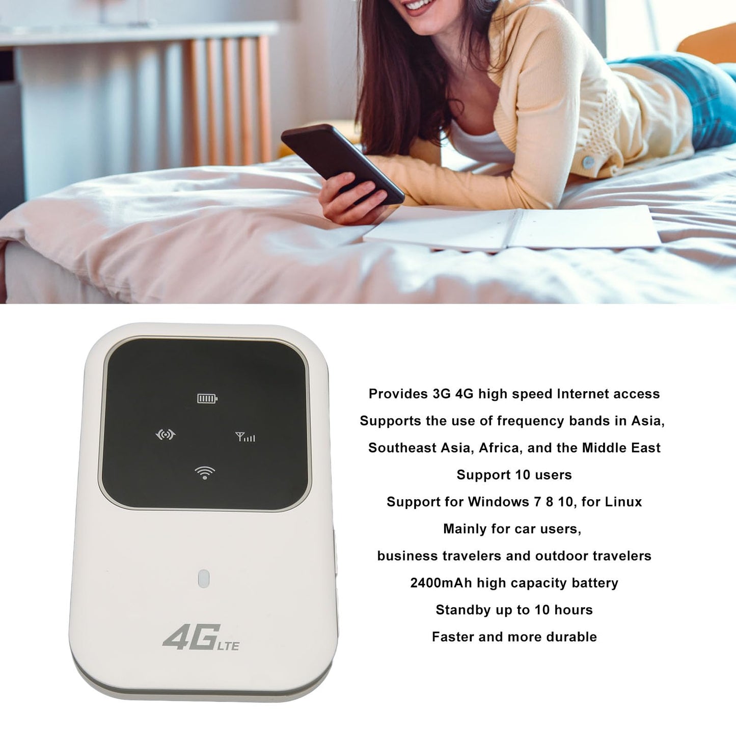 Enrutador 4G LTE Mini WiFi Inalámbrico Blanco con Ranura para Tarjeta SIM Desbloqueado 2.4G para Viajes