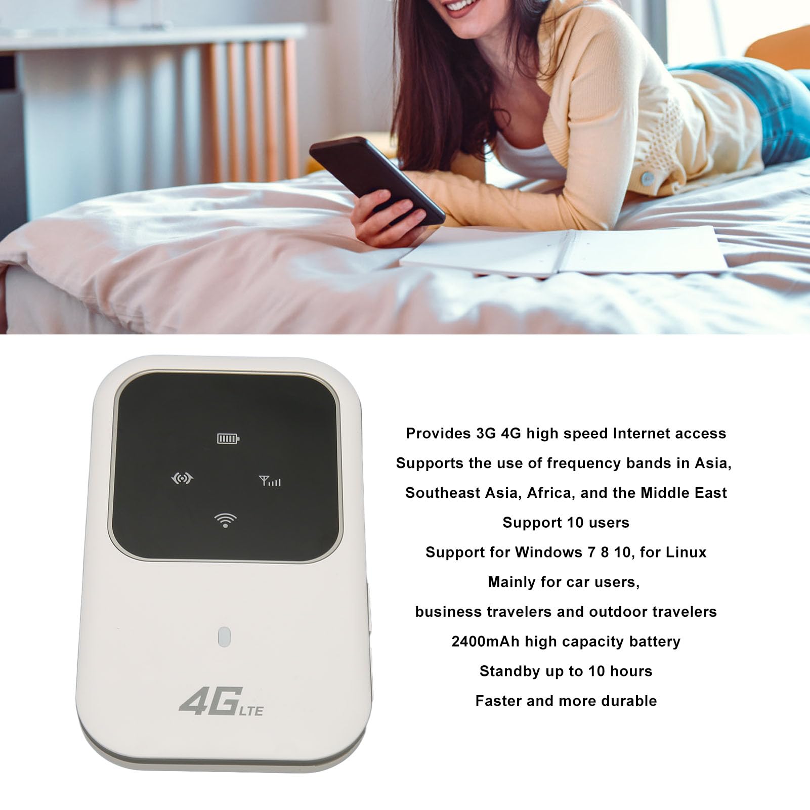 Enrutador 4G LTE Mini WiFi Inalámbrico Blanco con Ranura para Tarjeta SIM Desbloqueado 2.4G para Viajes