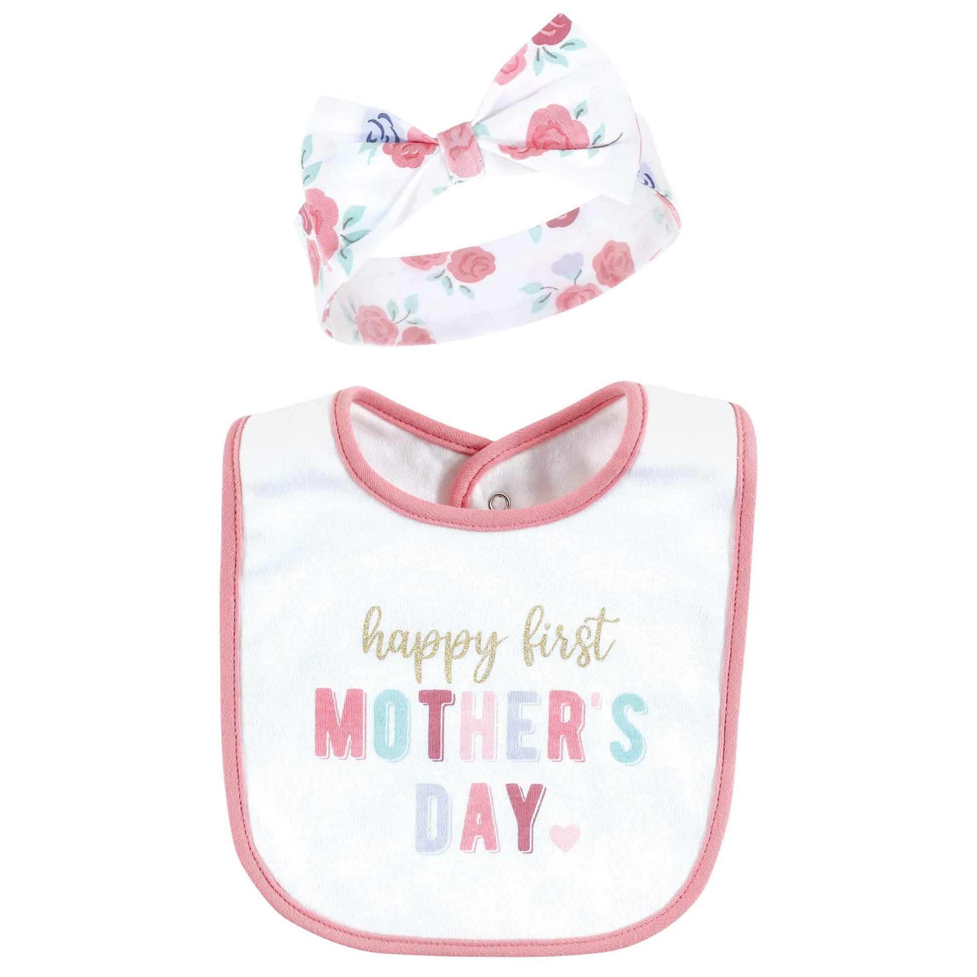 Hudson Baby Conjunto de babero y diadema de algodón para niña, día de la madre, 0-9 meses