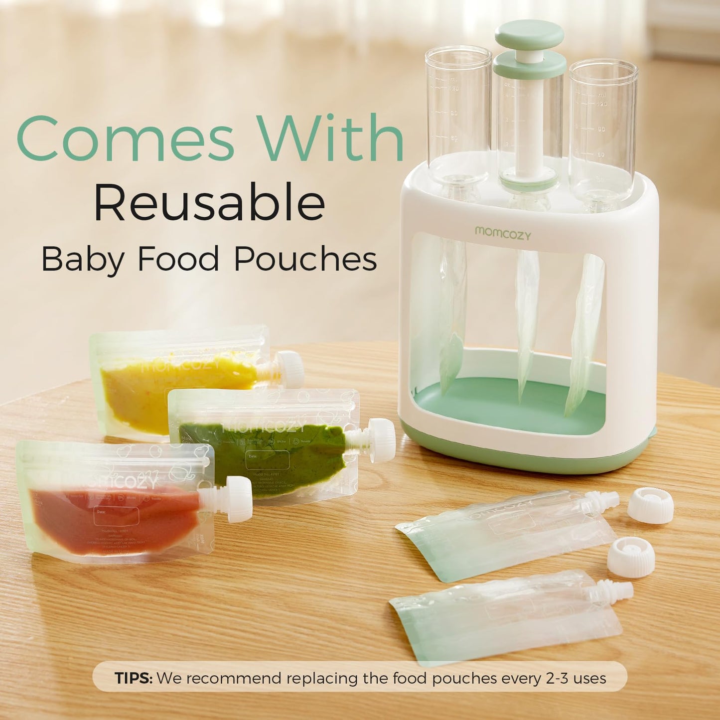 Momcozy – Estación de Compresión y Rellenado para Comida de Bebé y Purés Caseros, Libre de BPA, Apta para Lavavajillas, con Bolsas Reutilizables para Bebés y Niños Pequeños, Fácil y Práctico
