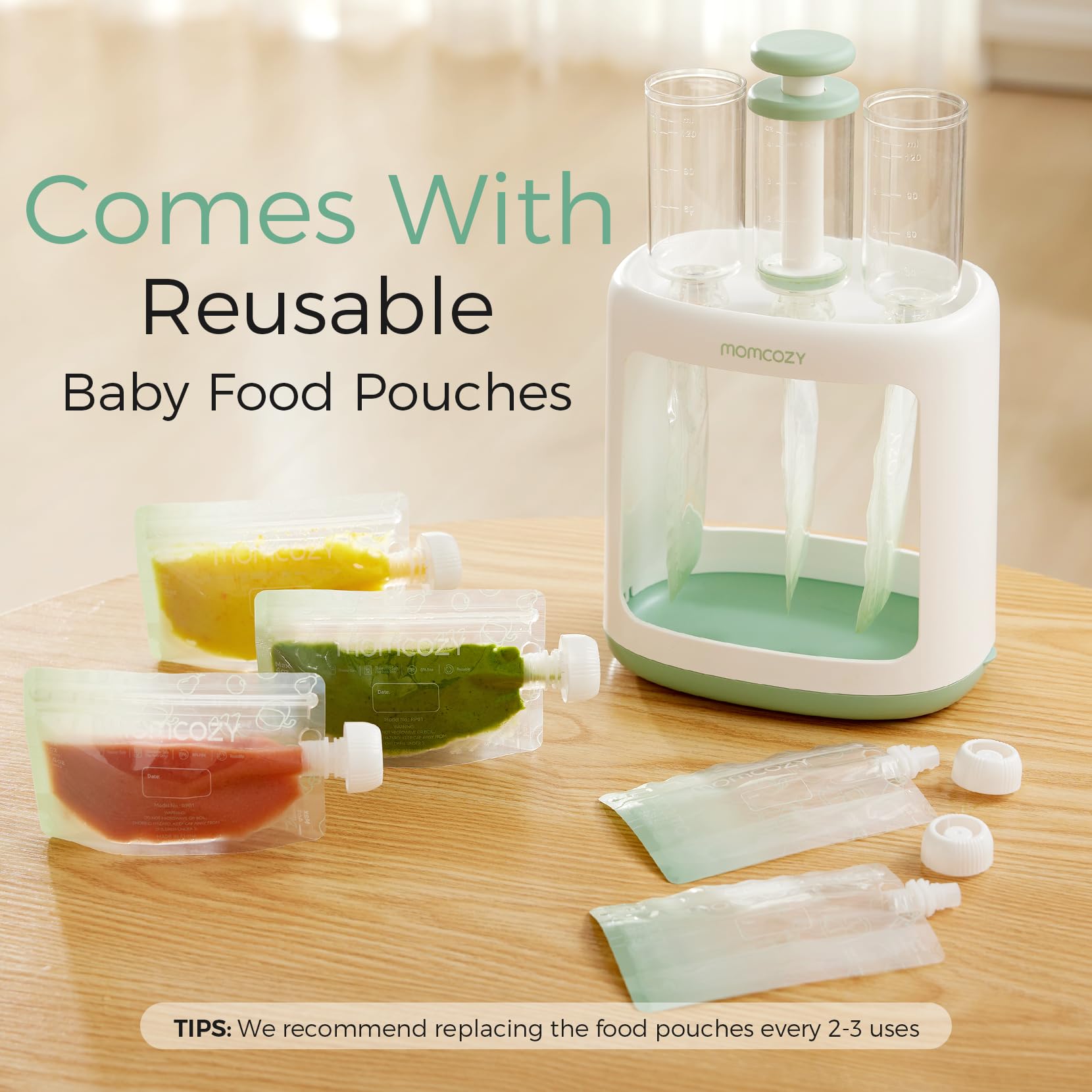 Momcozy – Estación de Compresión y Rellenado para Comida de Bebé y Purés Caseros, Libre de BPA, Apta para Lavavajillas, con Bolsas Reutilizables para Bebés y Niños Pequeños, Fácil y Práctico