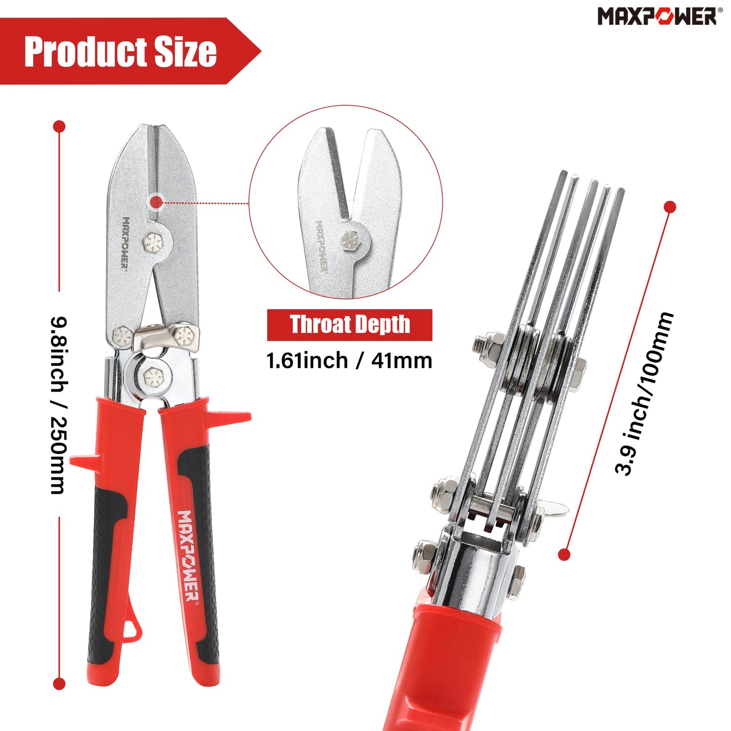 Crimpadora de chapa metálica MAXPOWER, crimpadora de tubos de 5 cuchillas, crimpadora manual de 9,8" para conductos de acero de calibre 24 y acero inoxidable de calibre 26, bajantes y tubos de estufa