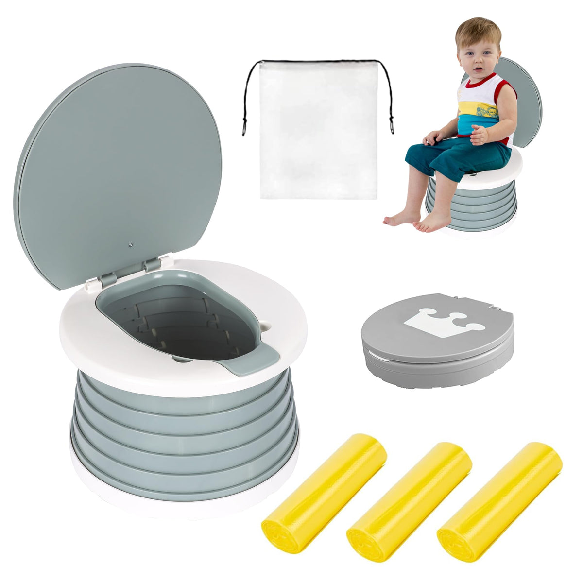 SunnySmile - Asiento de inodoro portátil plegable para niños pequeños, asiento de inodoro de emergencia para coche, camping, exterior, interior (gris, pequeño)