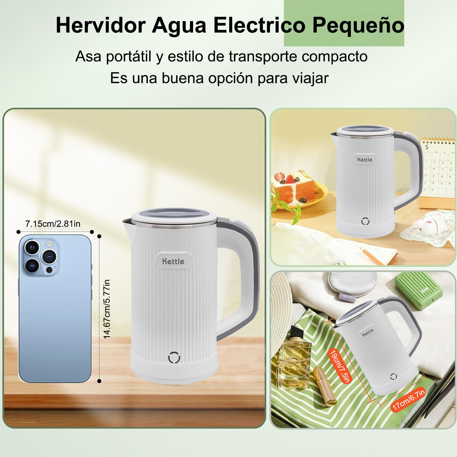 Tetera Eléctrica RYEWGRV Blanca Acero Inoxidable Portátil 0.8 L 600 W con Luz LED y Apagado Automático