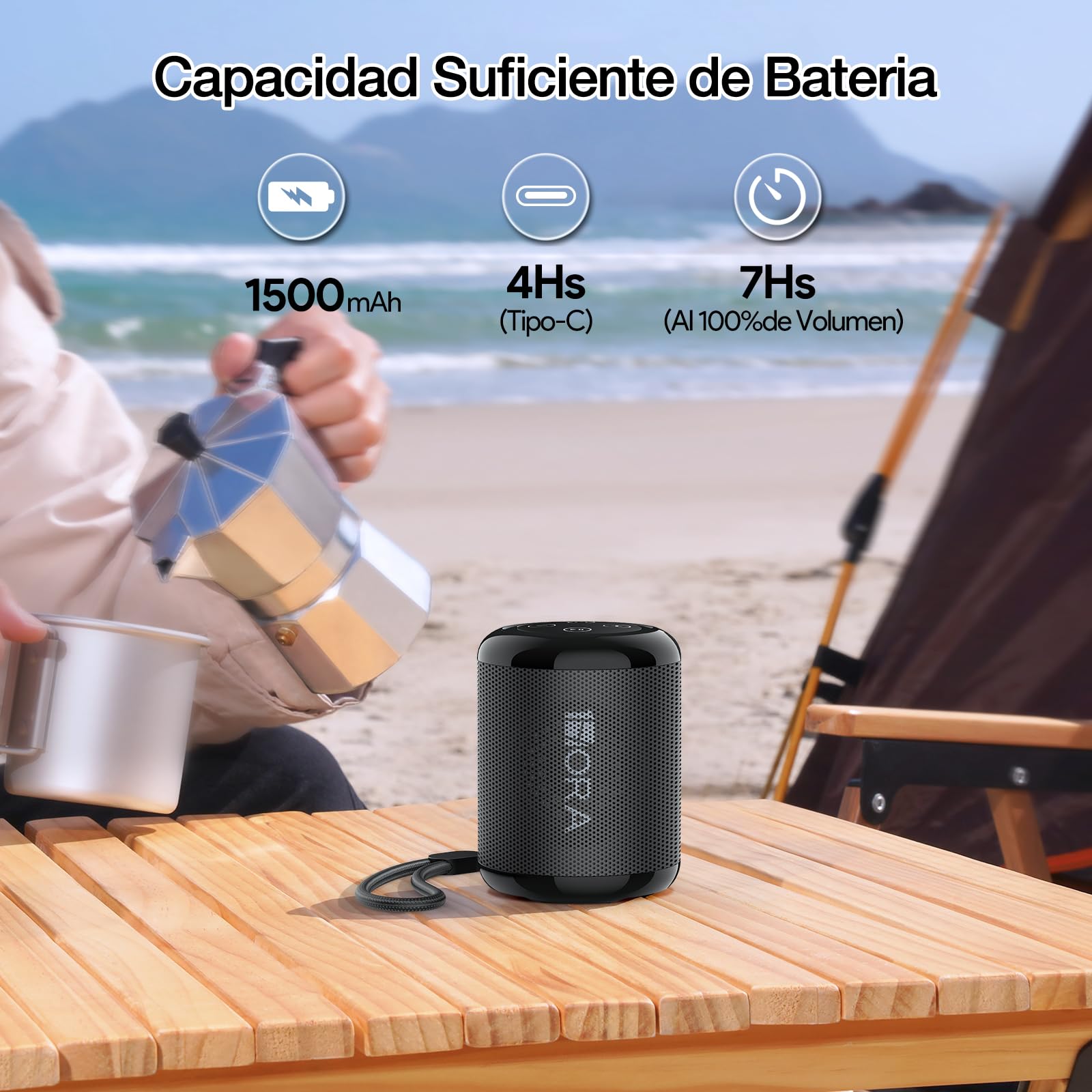 Bocina Bluetooth Portátil 1 Hora Negro con Manos Libres y Radio FM