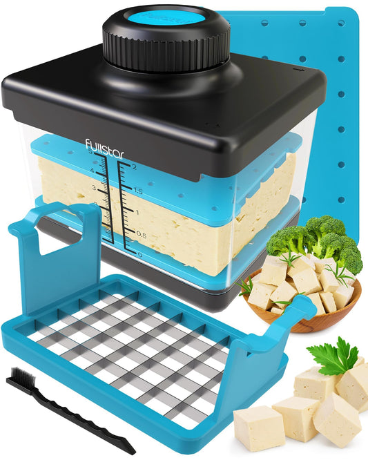 Fullstar - Prensa y cortador de tofu 2 en 1, apto para lavaplatos, sin BPA, caja de prensa para tofu extra firme y sedoso (azul)