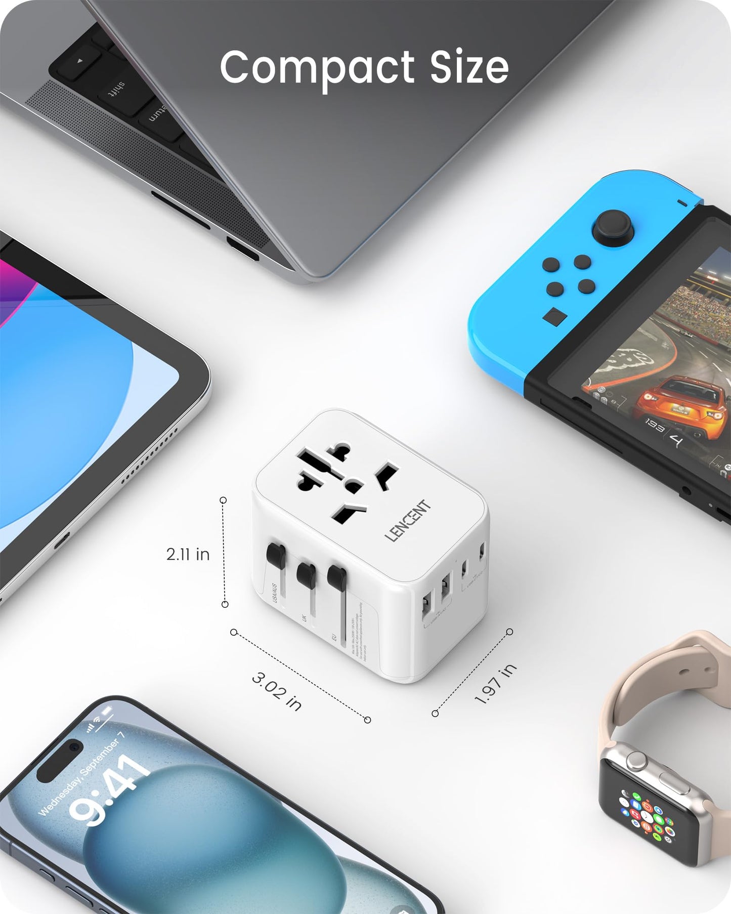 LENCENT Adaptador Universal de Viaje, Cargador Universal con 2 Puertos USB y 3 USB-C Carga Rápida PD 30W, Adaptador Internacional Enchufe Tipo A/C/G/I para USA, Reino Unido, Europa, Australia, Blanco
