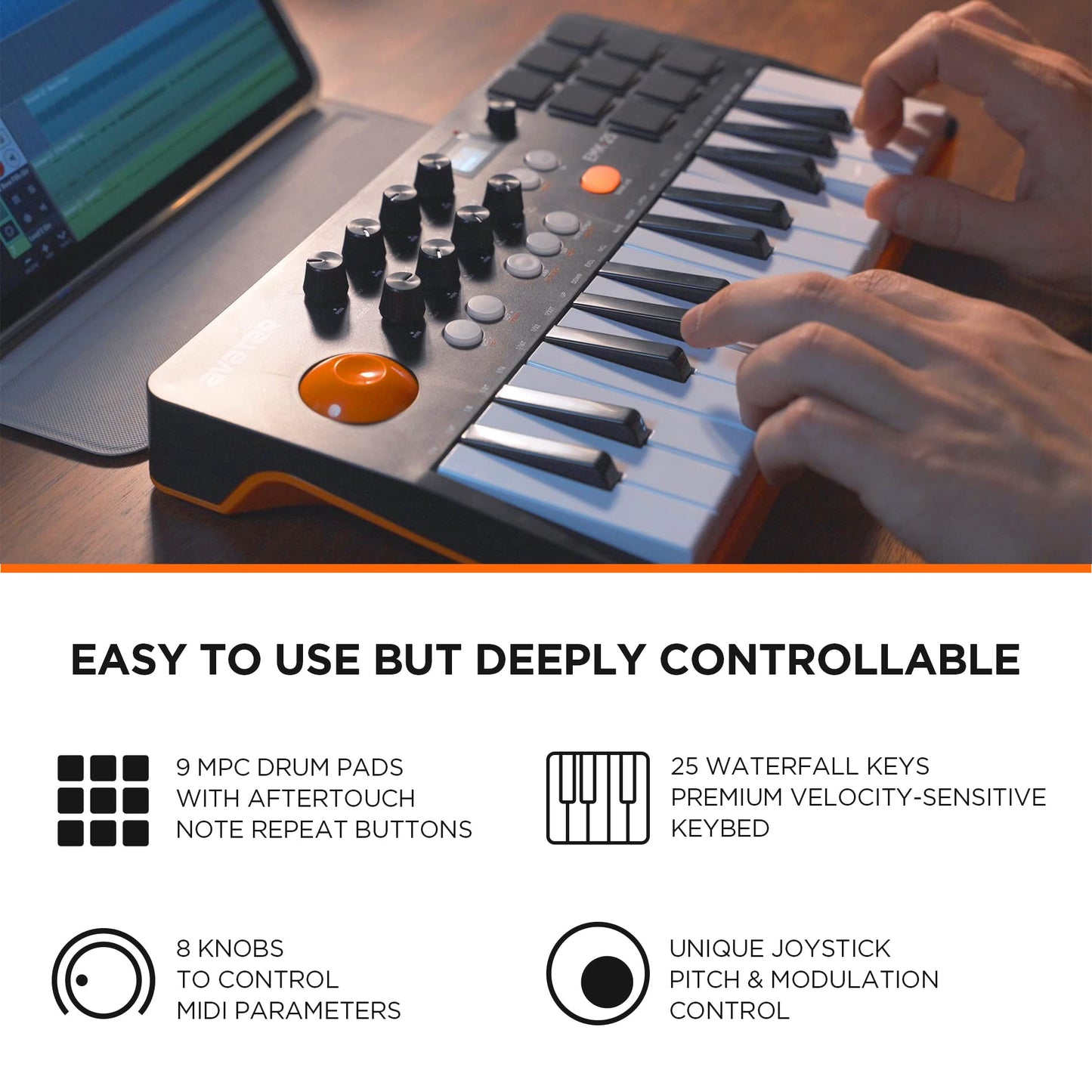 HXW - driver de teclado portátil Bluetooth MIDI, con 25 teclas, 9 almohadillas para orejas retroiluminadas, visualización OLED, 8 perillas, software incluido, alimentación por USB/operación de batería