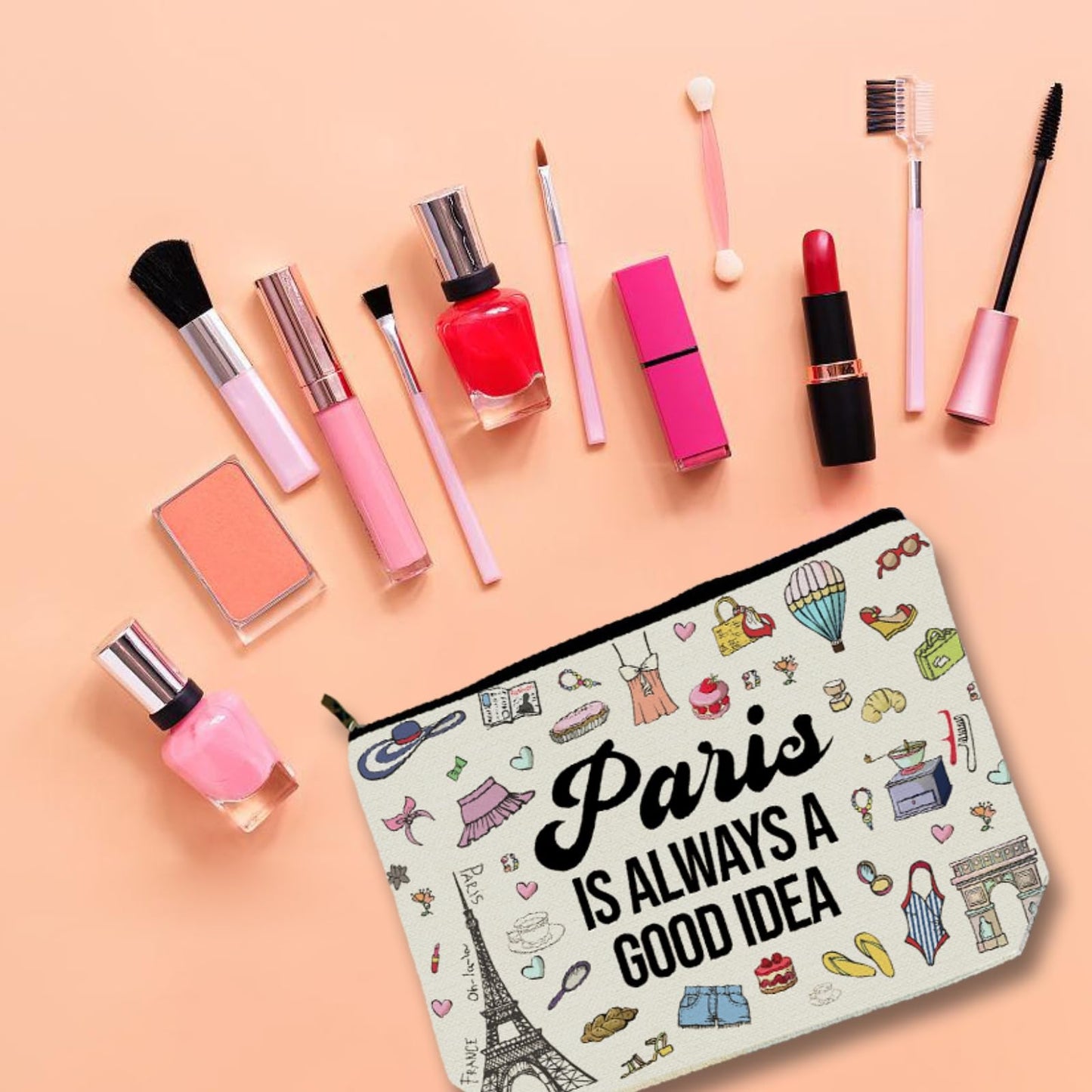 Regalo de viaje inspirado en las niñas: bolsa de maquillaje para adolescentes y mujeres viajeras. Bolsa de cosméticos de regalo ideal para viajes, fiestas, cumpleaños y Navidad, Blanco apagado, París