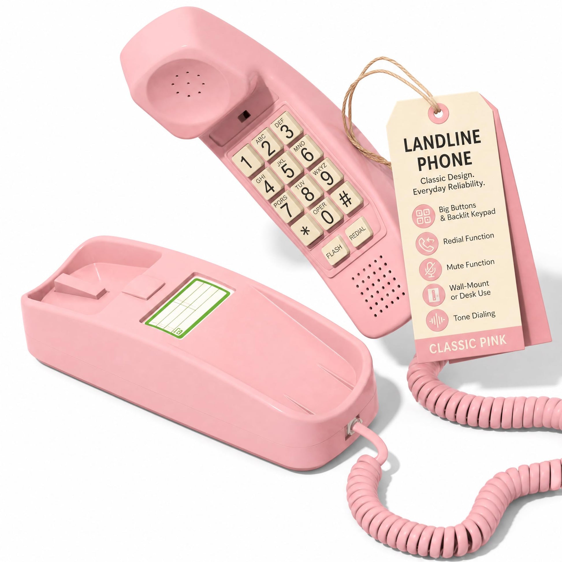 iSoHo Phones iSoHo Trimline Phone - Phones For Seniors - Phone for Hearing impaired - Ladies Pink - Retro Novelty Telephone - An Improved Version of The Princess Phones in 1965 - Style Big Button