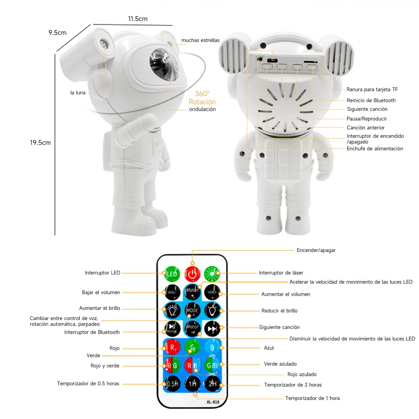 Proyector de Galaxias y Estrellas Astronauta 360° Ajustable con Altavoz y Control Remoto