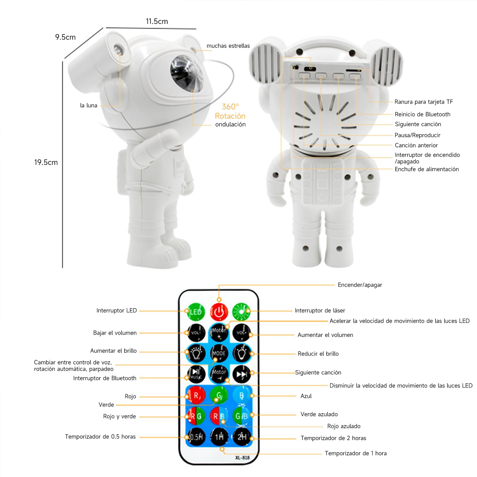 Proyector de Galaxias y Estrellas Astronauta 360° Ajustable con Altavoz y Control Remoto