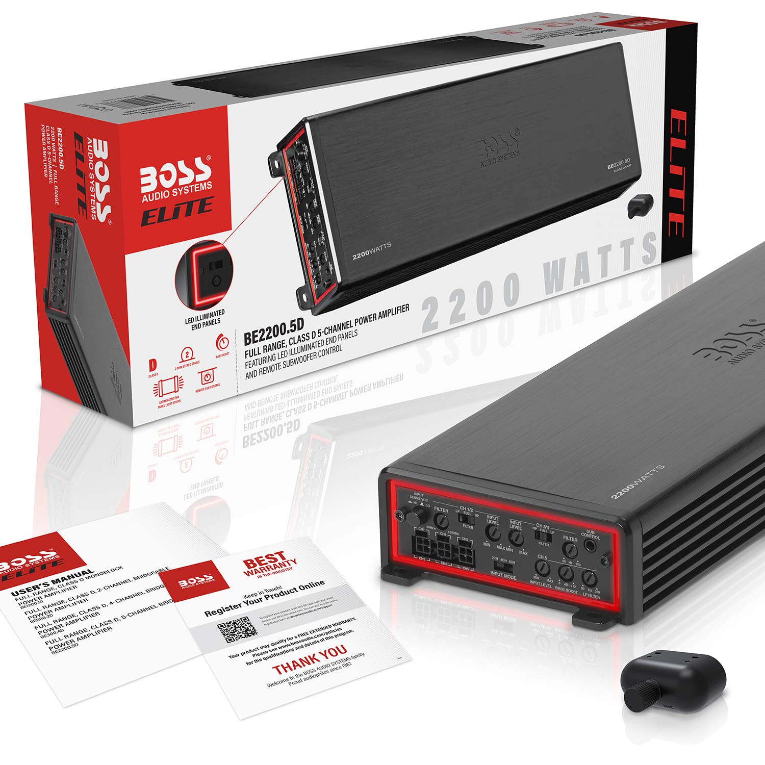 BOSS Audio Systems Elite BE2200.5D Amplificador de Coche de 5 Canales Clase D 2200 W, 2 Ohm Estable, Digital, Rango Completo, Fuente de alimentación Mosfet, Ideal para Altavoces y subwoofers