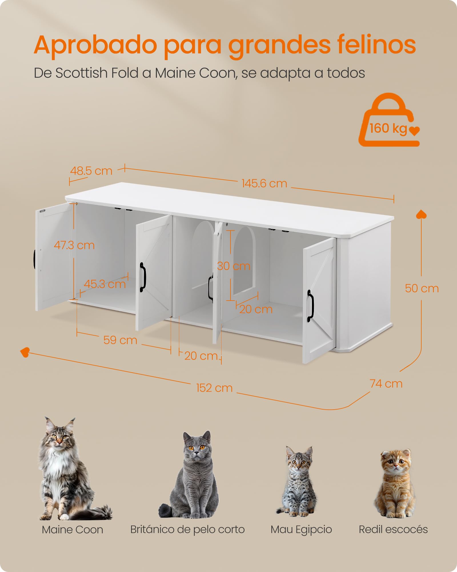 Feandrea Mueble Arenero para Gatos, Caja de Arena para 2 Gatos, Mesa Auxiliar, 145.6 x 48.5 x 50 cm, Blanco Nube MPCL010W01