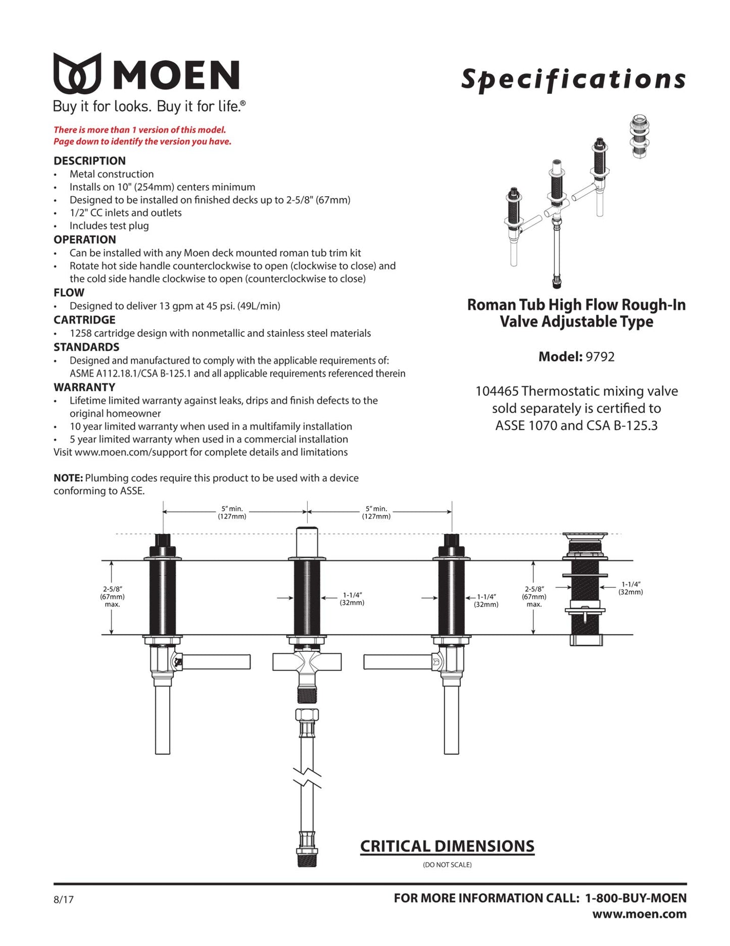 Válvula Ajustable para Bañera Romana Moen en CC de 1/2 Pulgadas con Desviador de Ducha