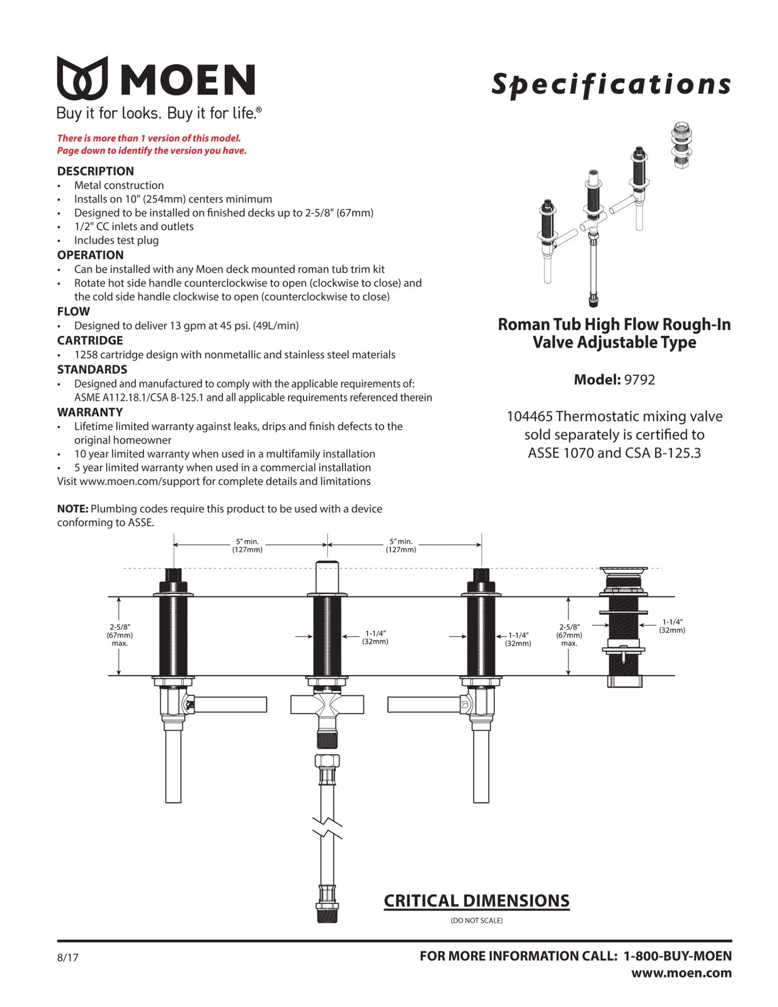 Válvula Ajustable para Bañera Romana Moen en CC de 1/2 Pulgadas con Desviador de Ducha