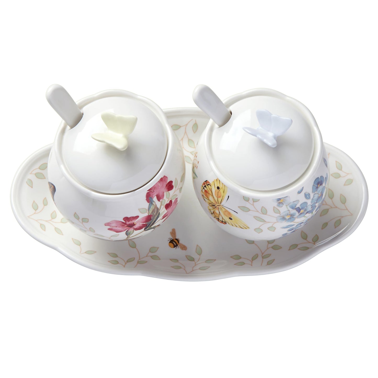 Lenox Salero y pimentero de porcelana fina, diseño floral y mariposa, Set de condimentos, 7 piezas, Blanco, 1