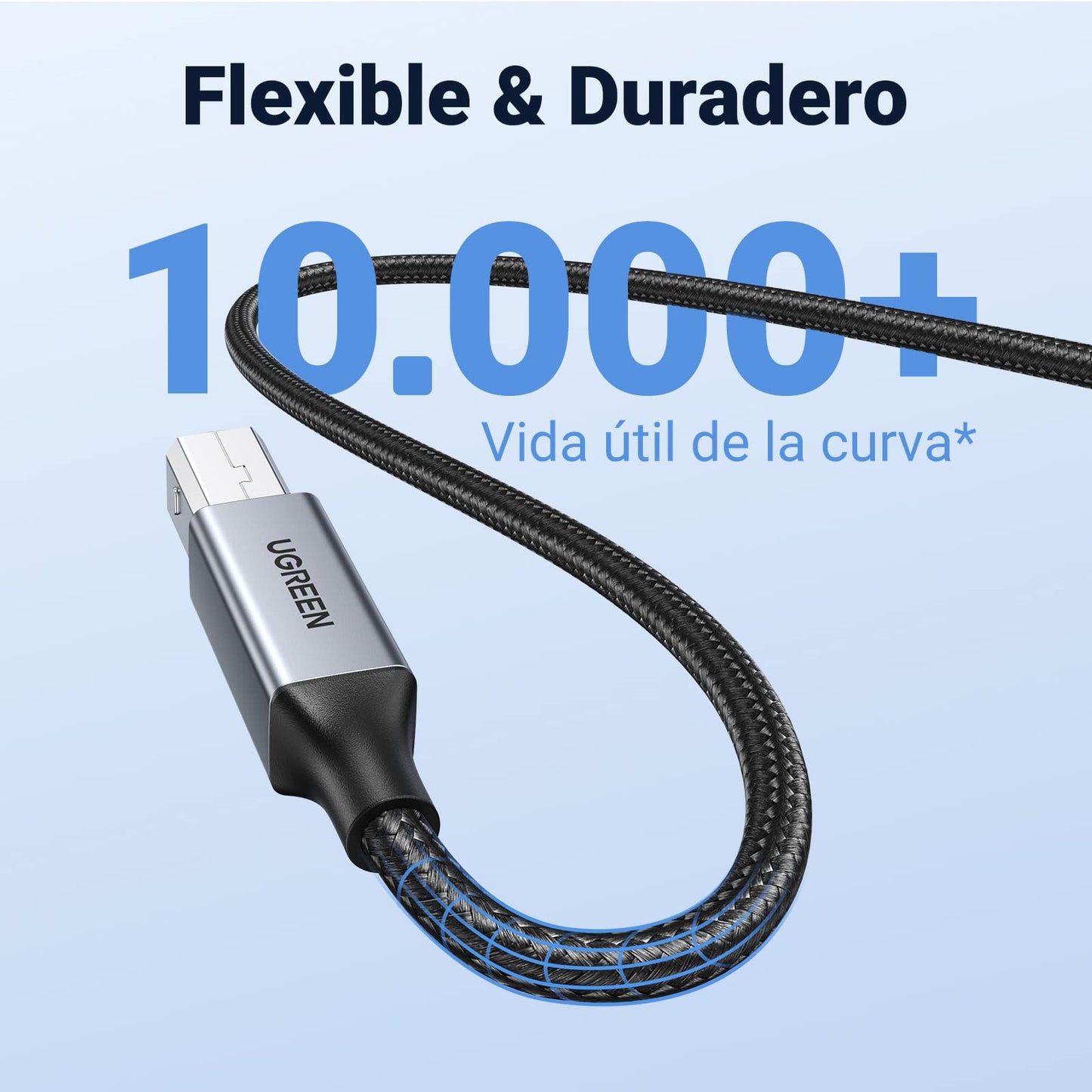 Cable Impresora UGREEN Negro Nylon Largo 2M USB 2.0 Tipo A a B para HP, Epson, Brother, Lexmark y Escáner