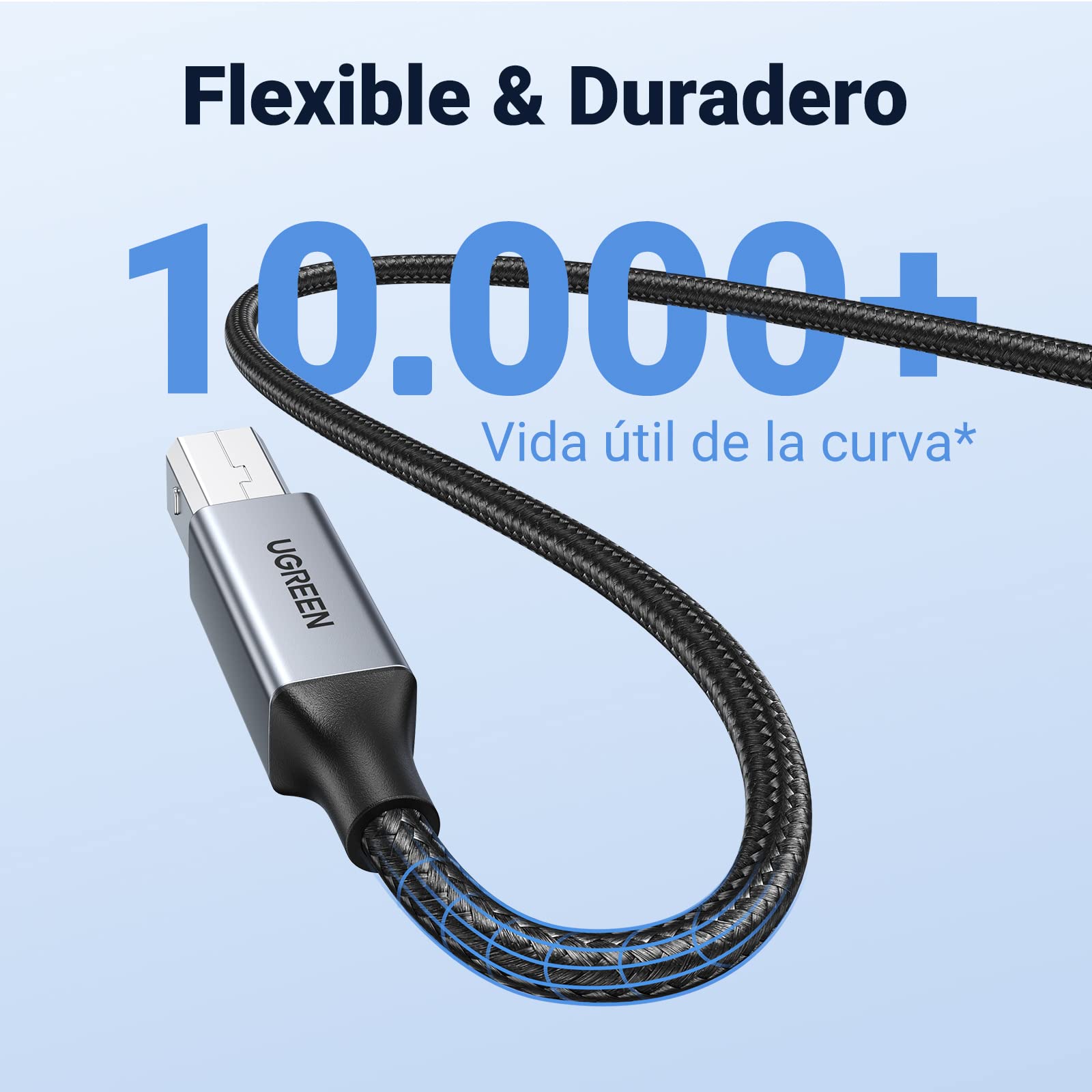 Cable Impresora UGREEN Negro Nylon Largo 2M USB 2.0 Tipo A a B para HP, Epson, Brother, Lexmark y Escáner