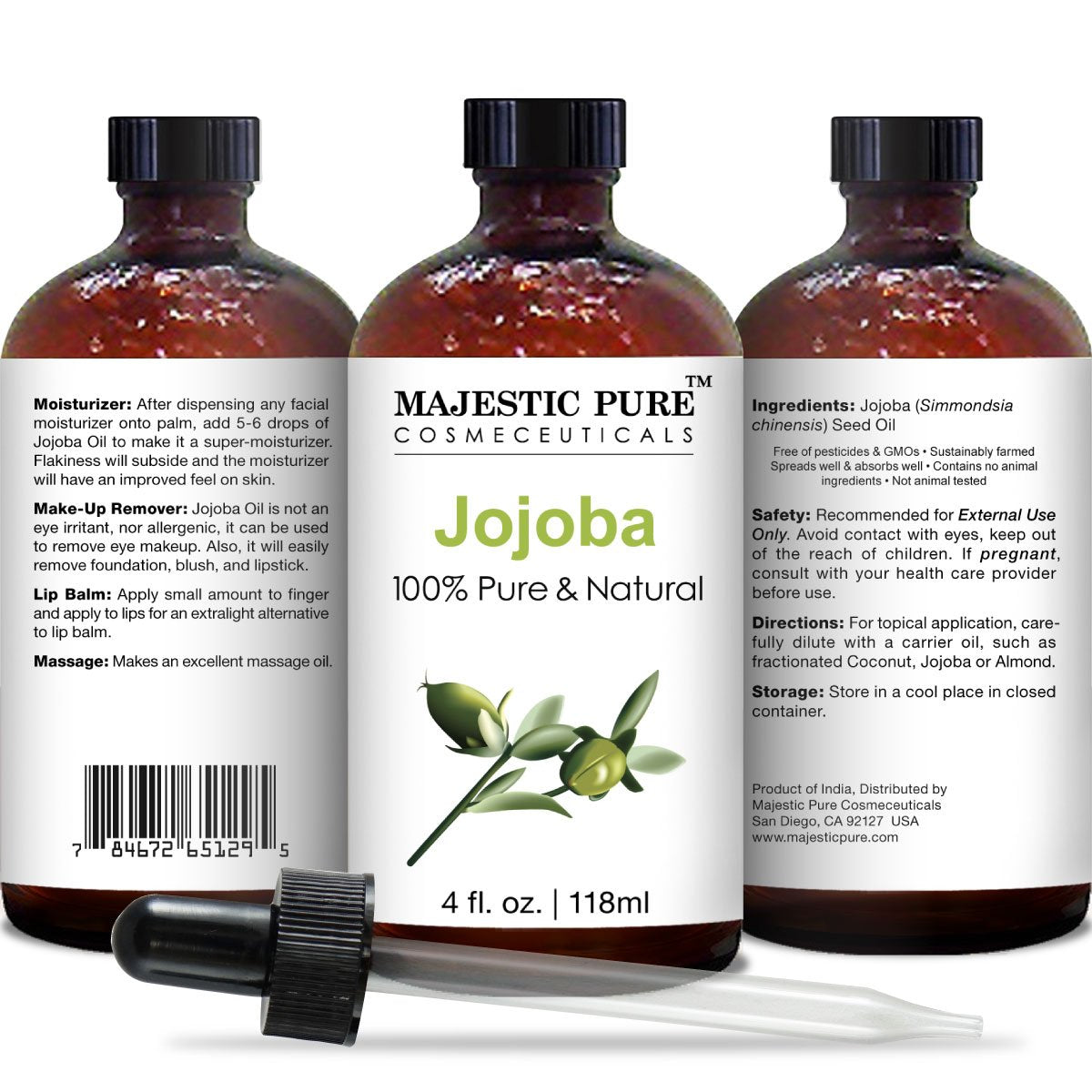 Majestic Pure Jojoba Oil for Hair, Skin or As Carrier Oil, 4 fl. oz.