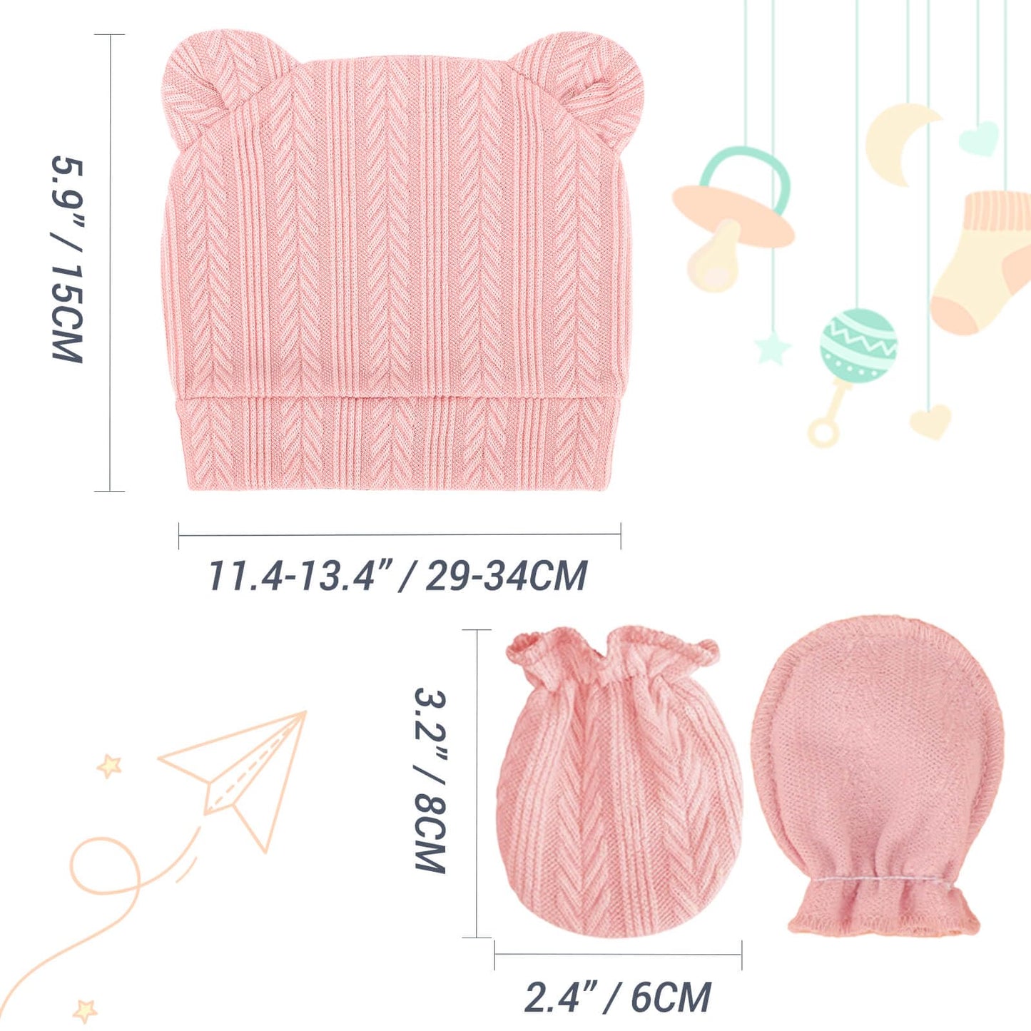 BQUBO - Juego de sombreros para bebé recién nacido, orejas de oso y manoplas, gorras para bebés y niñas, gorro de hospital para bebés de 0 a 3 meses, 4 juegos P: sombreros y manoplas de oreja de oso